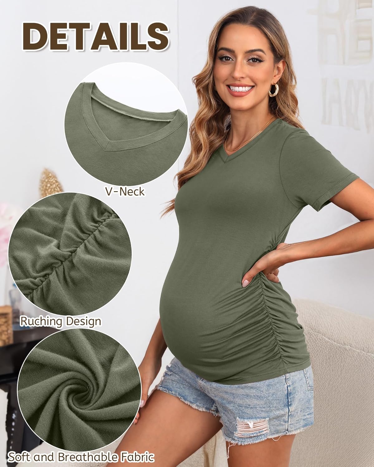 Huukeay 4 Pack Women's Maternity Shirts, V Neck Maternity Top Short Sleeve Casual Tee Side Ruched Pregnancy Clothes - Image 6