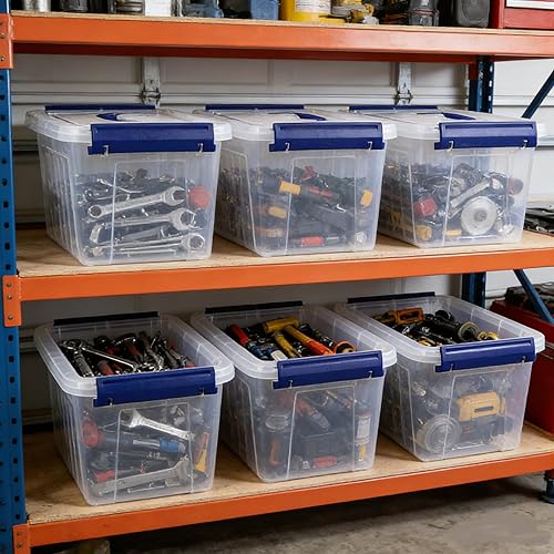 Miniatura 4 de Juego de 6 contenedores de almacenamiento de plástico de 3 litros, contenedor de almacenamiento con pestillo con asa (mango azul)