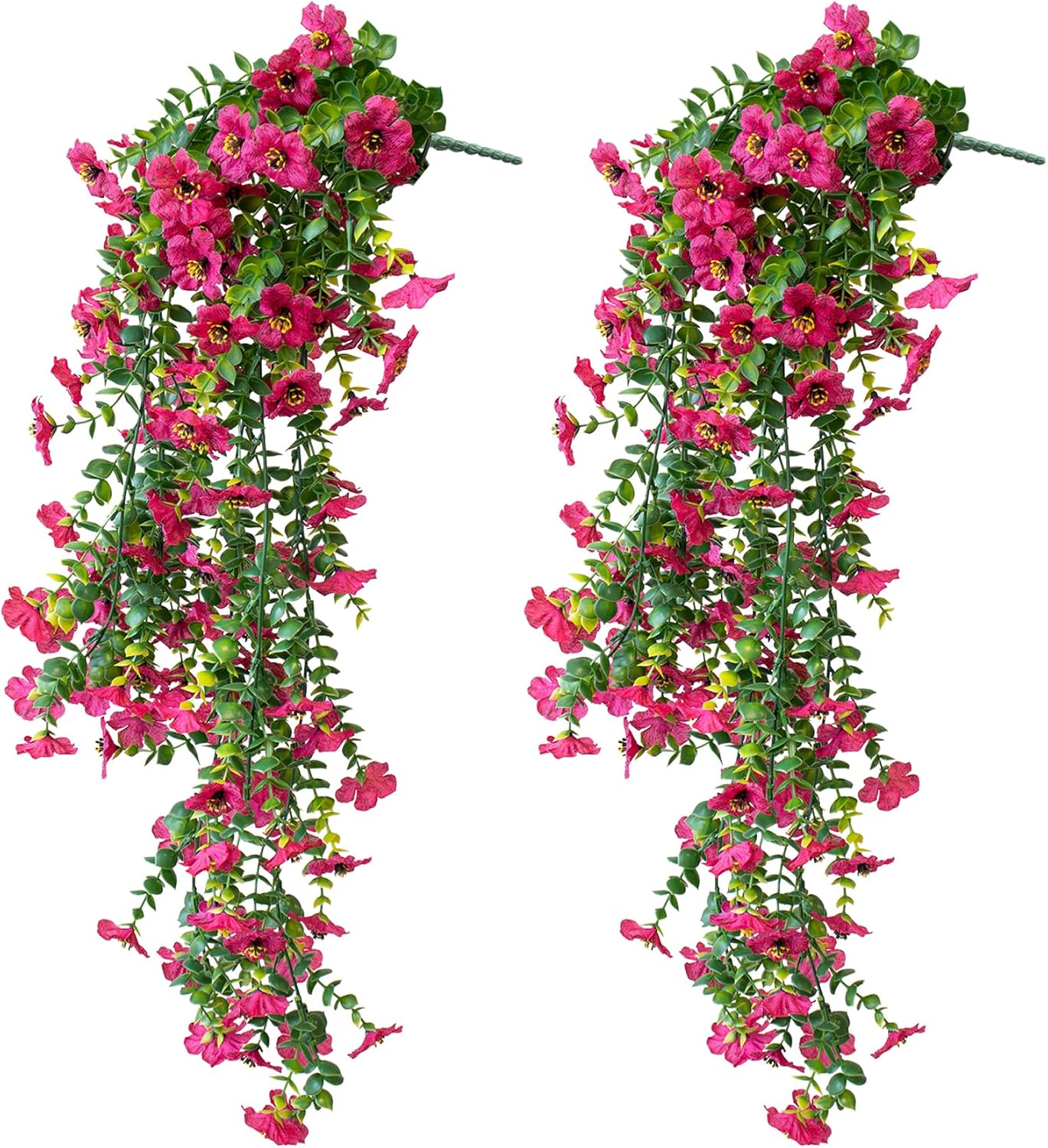 Artificial Hanging Flowers for Outdoors, 2 Pcs UV Resistant Artificial Outdoor Flowers, Not-Fading Fake Hanging Plant for Outdoor Planters for Home Garden Porch Yard Decor,Rose Red