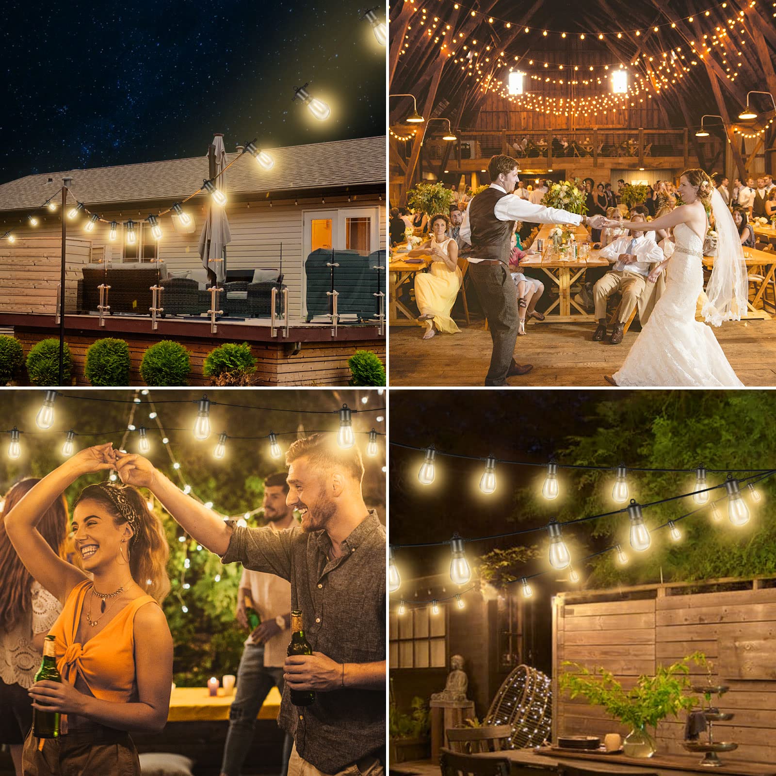 Brightever LED Outdoor String Lights for Patio with 16 Shatterproof S14 Vintage Edison Bulbs, 48FT Waterproof Hanging Lights for Outside, Porch, Deck, Bistro, Cafe, Balcony Lights, 2700K Warm White