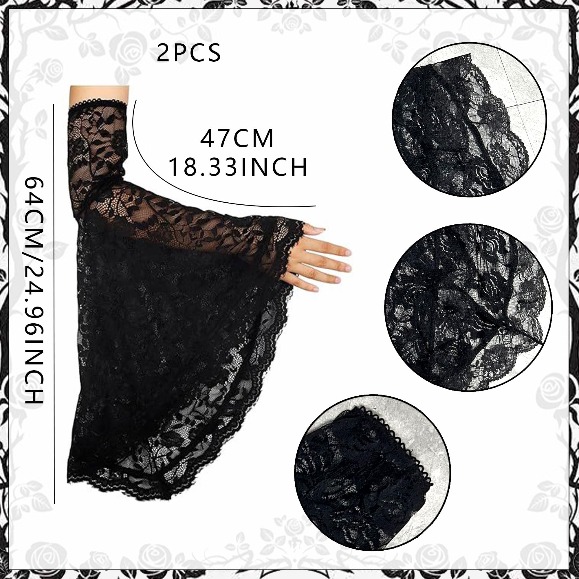 LaVenty Gothic Black Lace Sleeves Witch Gloves Victorian Lace Arm Sleeve Vampire Accessory - Image 2