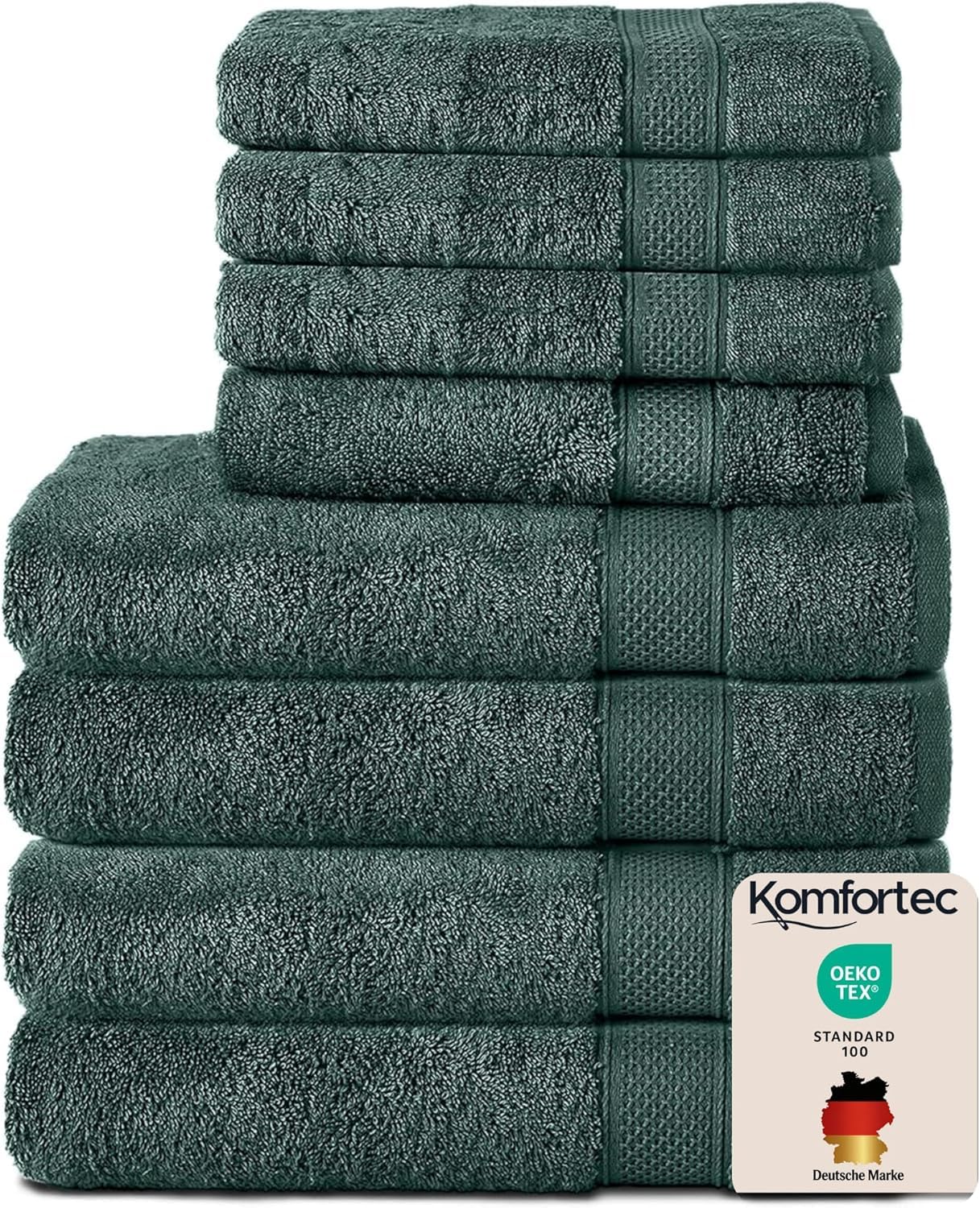 Komfortec Set di 8 asciugamani in 100% cotone, 4 teli da bagno 70 x 140 e 4 asciugamani da 50 x 100 cm, spugna, morbido, grande, verde scuro