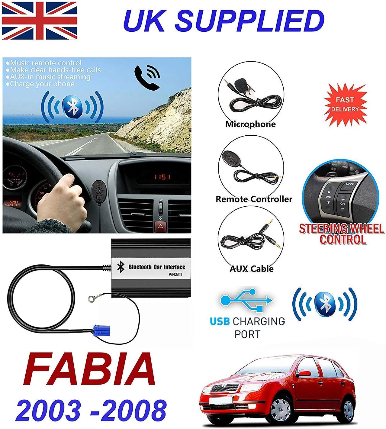 cablesnthings Skoda FABIA Series (2003-2008) Bluetooth Hands Free Phone AUX Input MP3 USB 1.0A Charger Module 8PN