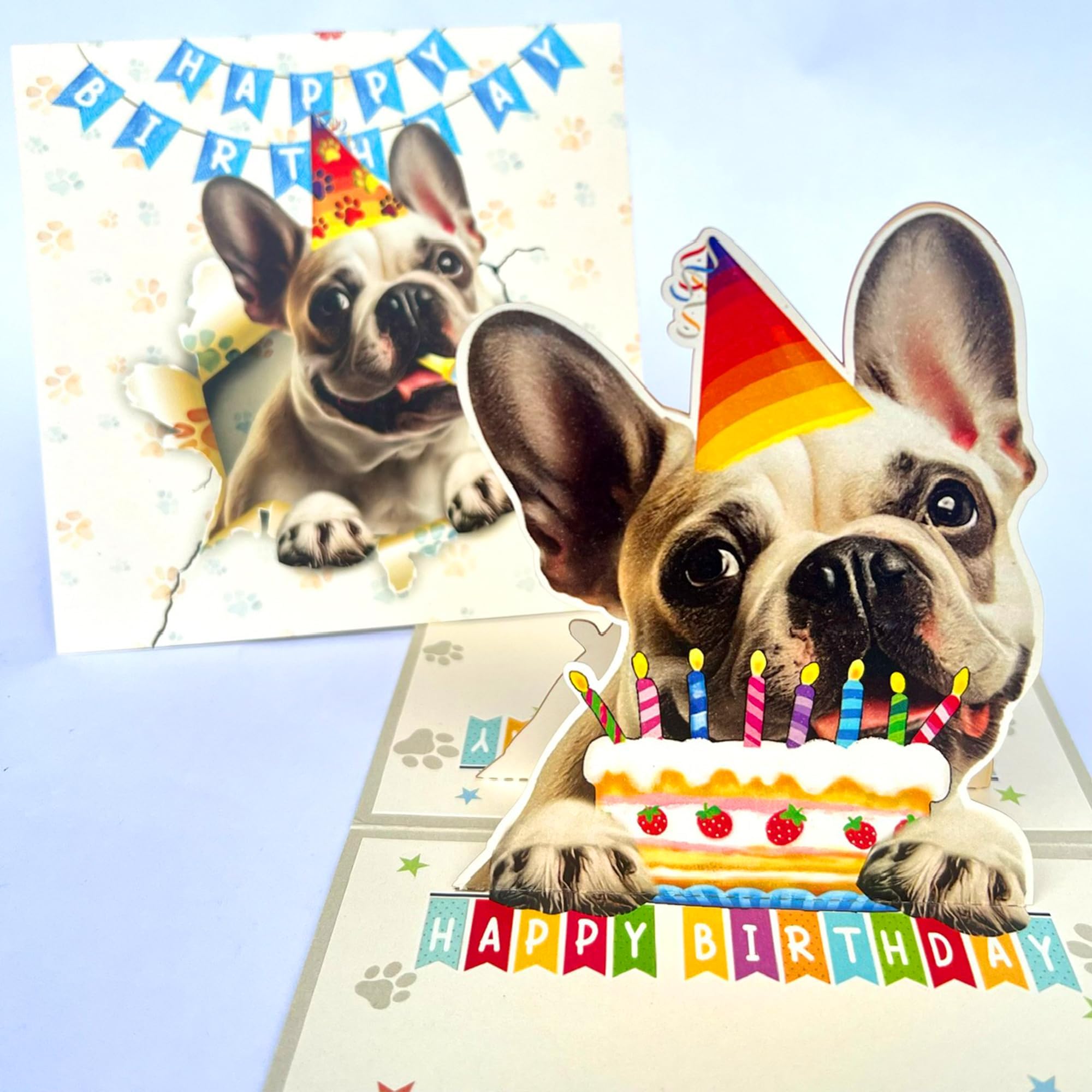 Momapopup Fawn French Bulldog Birthday Card 3D Pop Up — Cream Frenchie with Party Hat & Birthday Cake, Funny Birthday Card for Frenchie Lovers, Fawn Frenchie Mom Dad Gift, 6x6 Inch, Includes Envelope