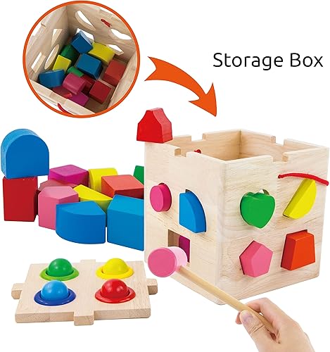 Miniatura 3 de Evmark Toys & Games Formas de madera y cubo de actividades - Formas simples para niños pequeños y preescolares Montessori Learning