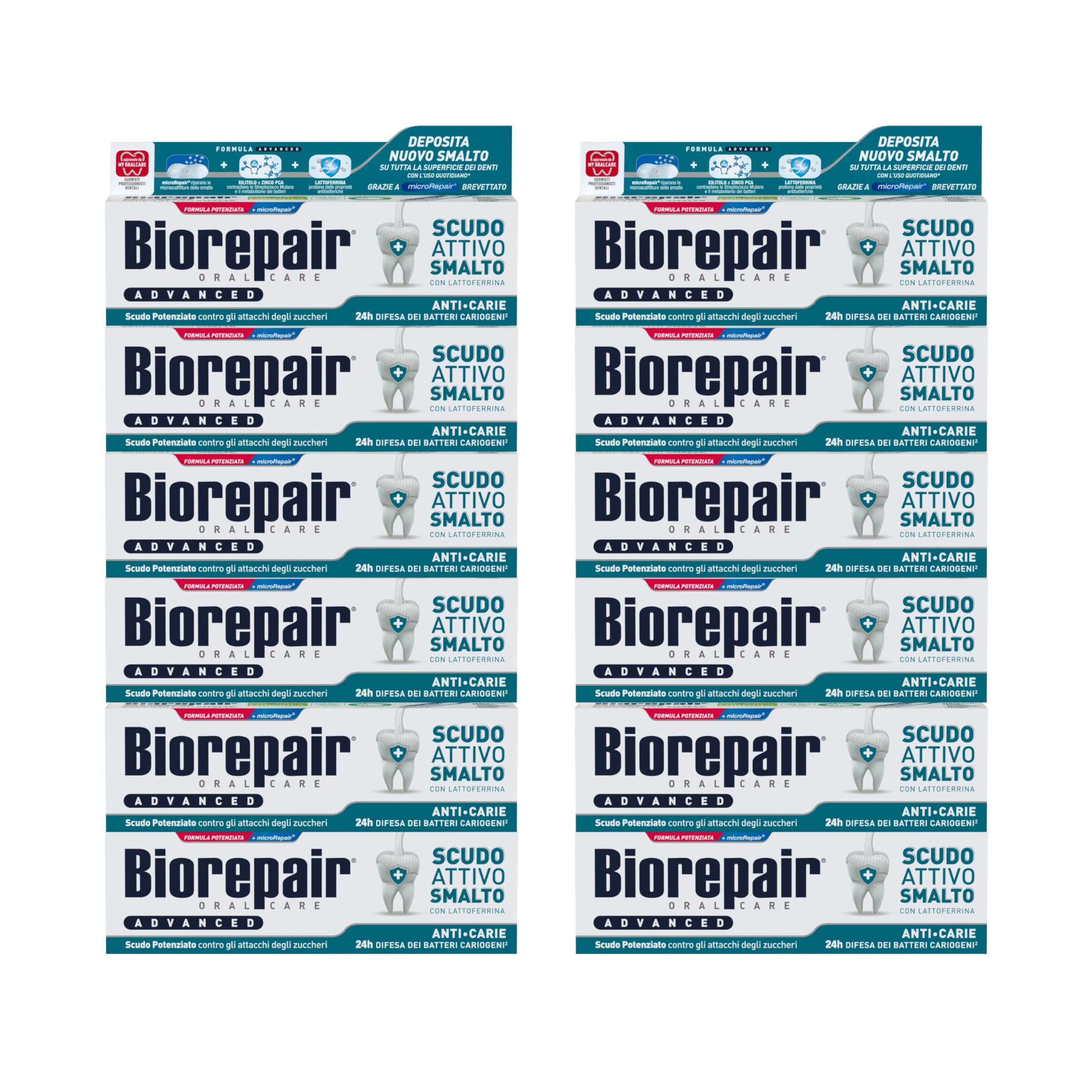 Biorepair, Dentifricio Advanced Scudo Attivo Smalto, Anti-Carie, Con MicroRepair, Lattoferrina e Zinco PCA, Senza Fluoro, 12x75ml