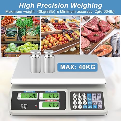 Miniatura 4 de Báscula digital de computación de precios de 88 lb40 kg - Báscula digital comercial de alimentos con calculadora de precios para mercados de