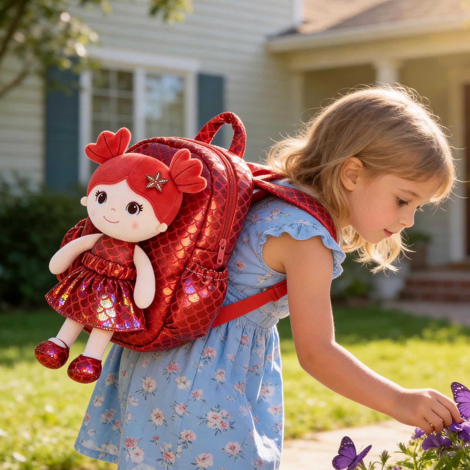 Lazada Toddler Backpack - Baby Girl Gifts Plush Doll Dress Backpack - Fashion Girls Tina Fish Scale Series - Red 11 Inches