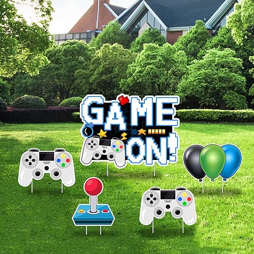 Letreros de juego en video juego con estacas - Incluye palo de control remoto de juego y letreros de globo - Señales y estacas resistentes a la