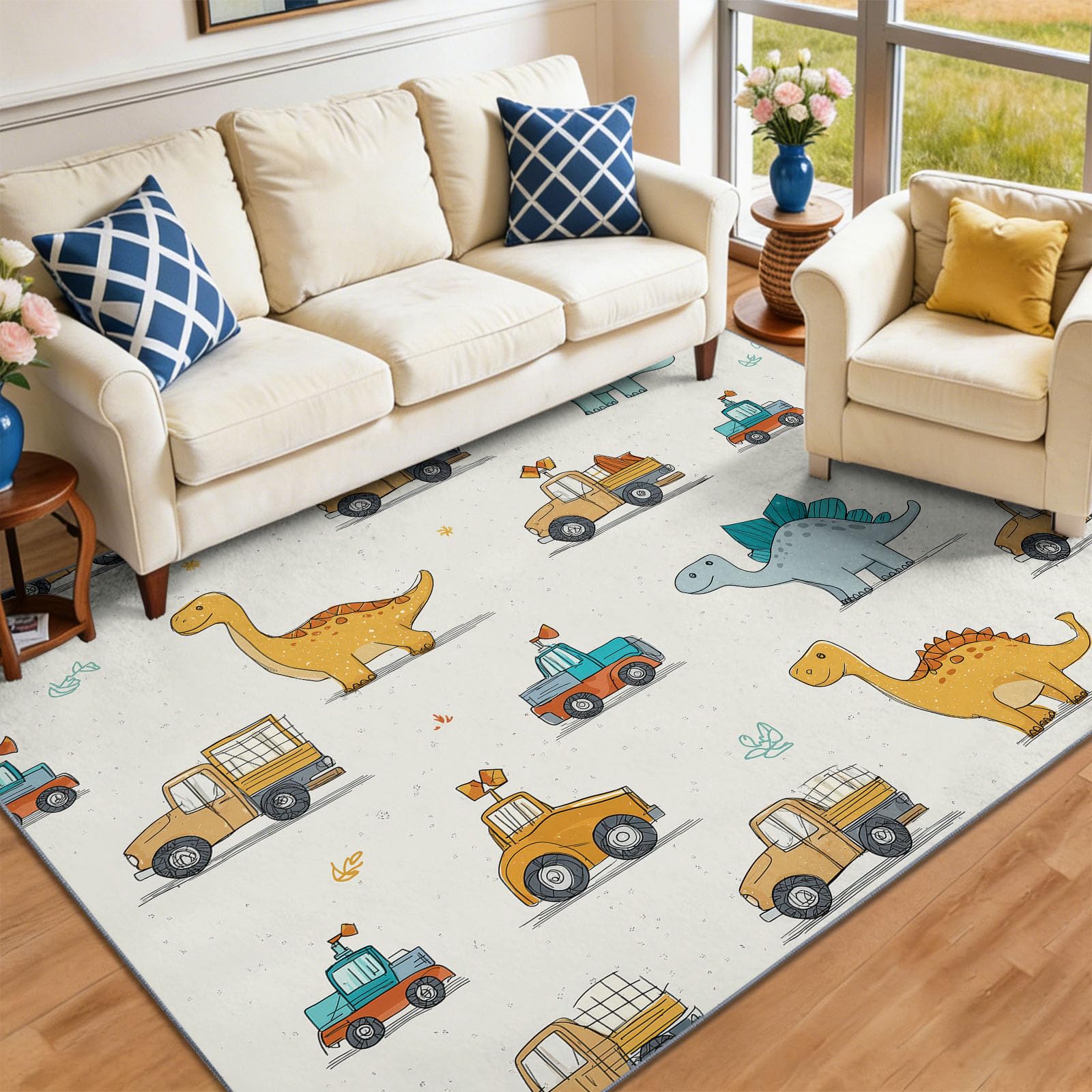 Zabawny dinozaur i ciężarówka dywan do pokoju dziecięcego antypoślizgowy spód do salonu, sypialni i pokoju dziecięcego nowoczesny dywan 140 x 200 cm, biały