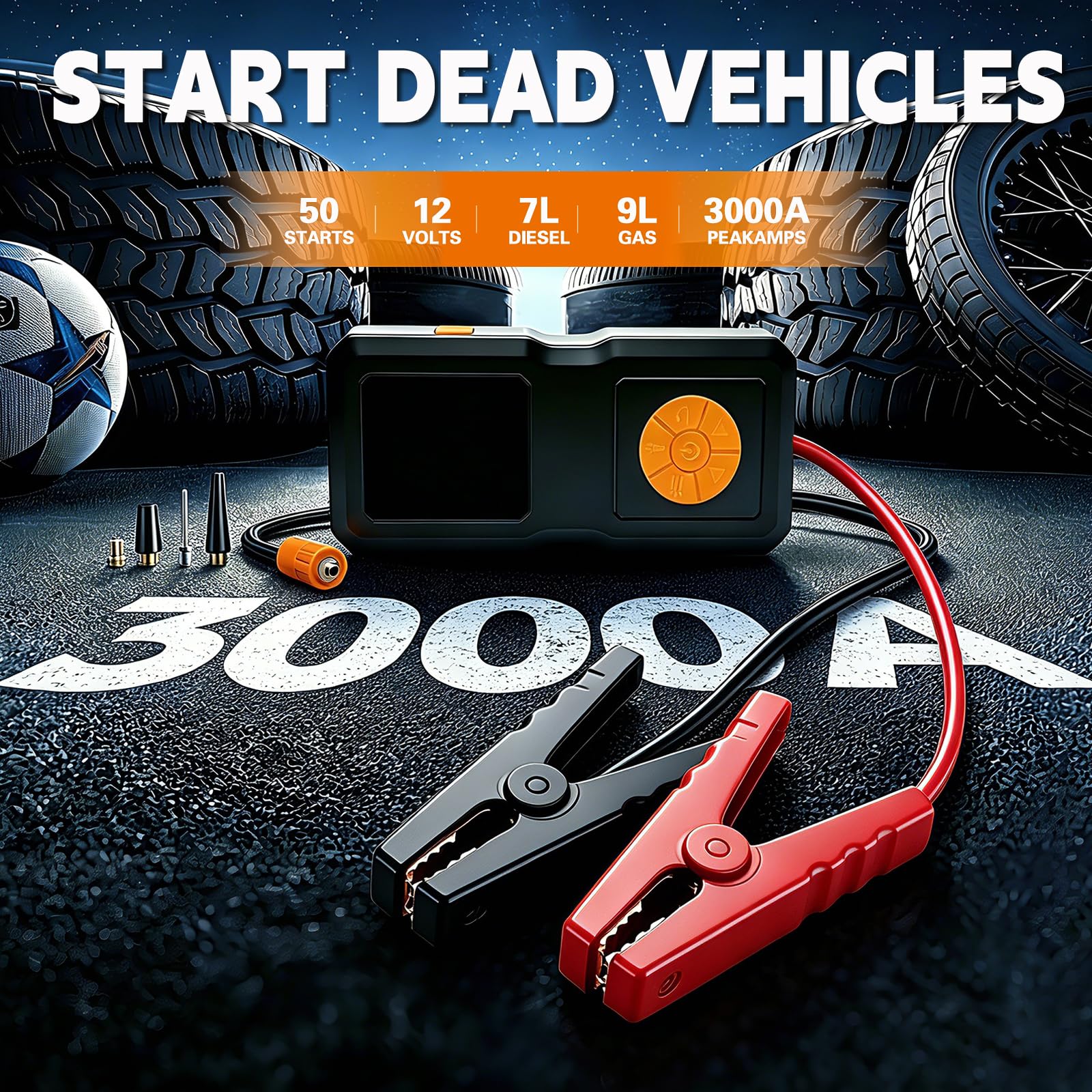Arrancador de coche 4 en 1 con compresor de aire de 150 PSI, amplificador de batería portátil, inflador de neumáticos diésel de gasolina/12L con pantalla digital, luz LED SOS y banco de energía para