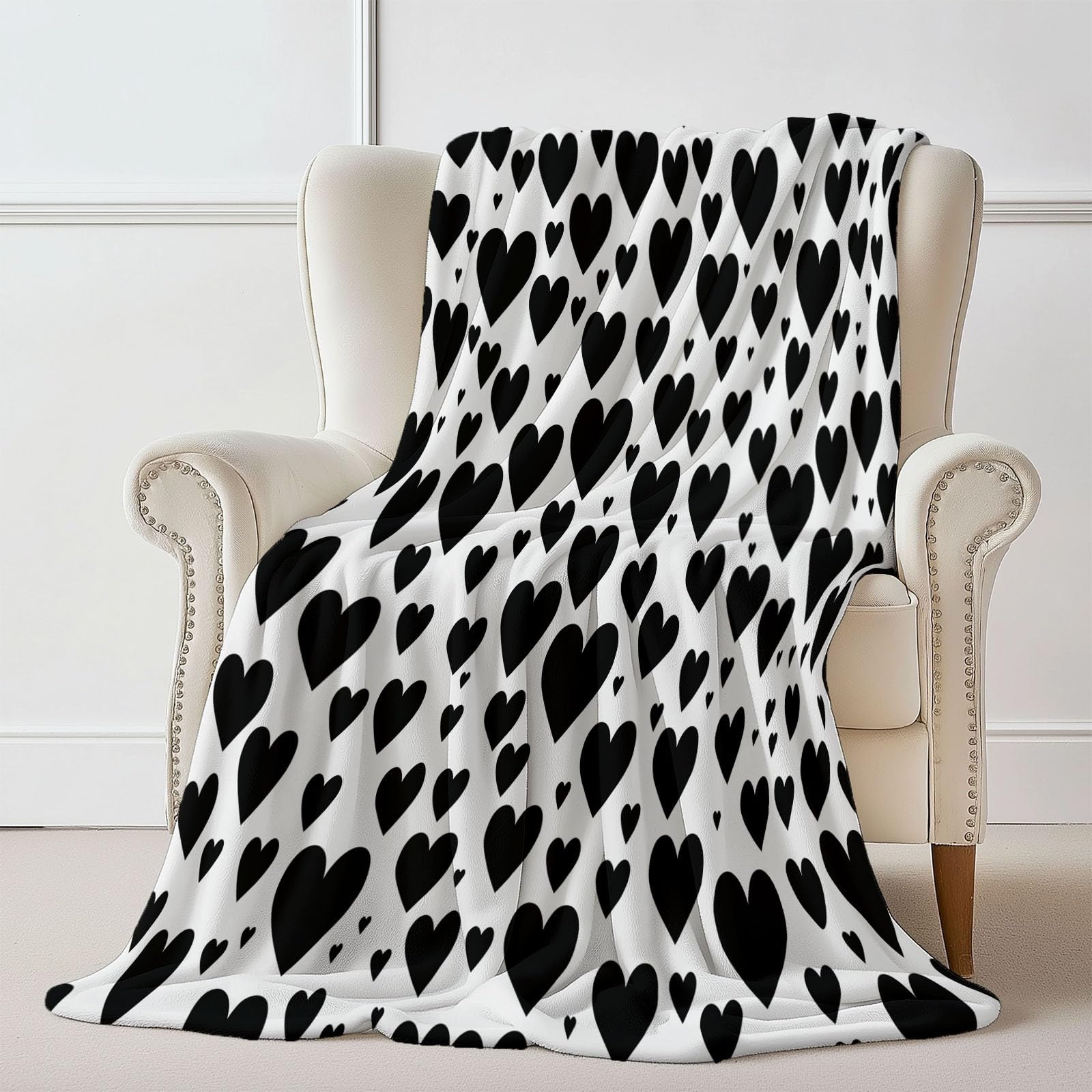 Manta de Franela Negro, Estampada Moderno En Forma de corazón Adorable, Mantas Ligera para sofá y Cama, Plaid Acogedor para Invierno, Manta Decorativa para salón y Dormitorio 220×240 cm