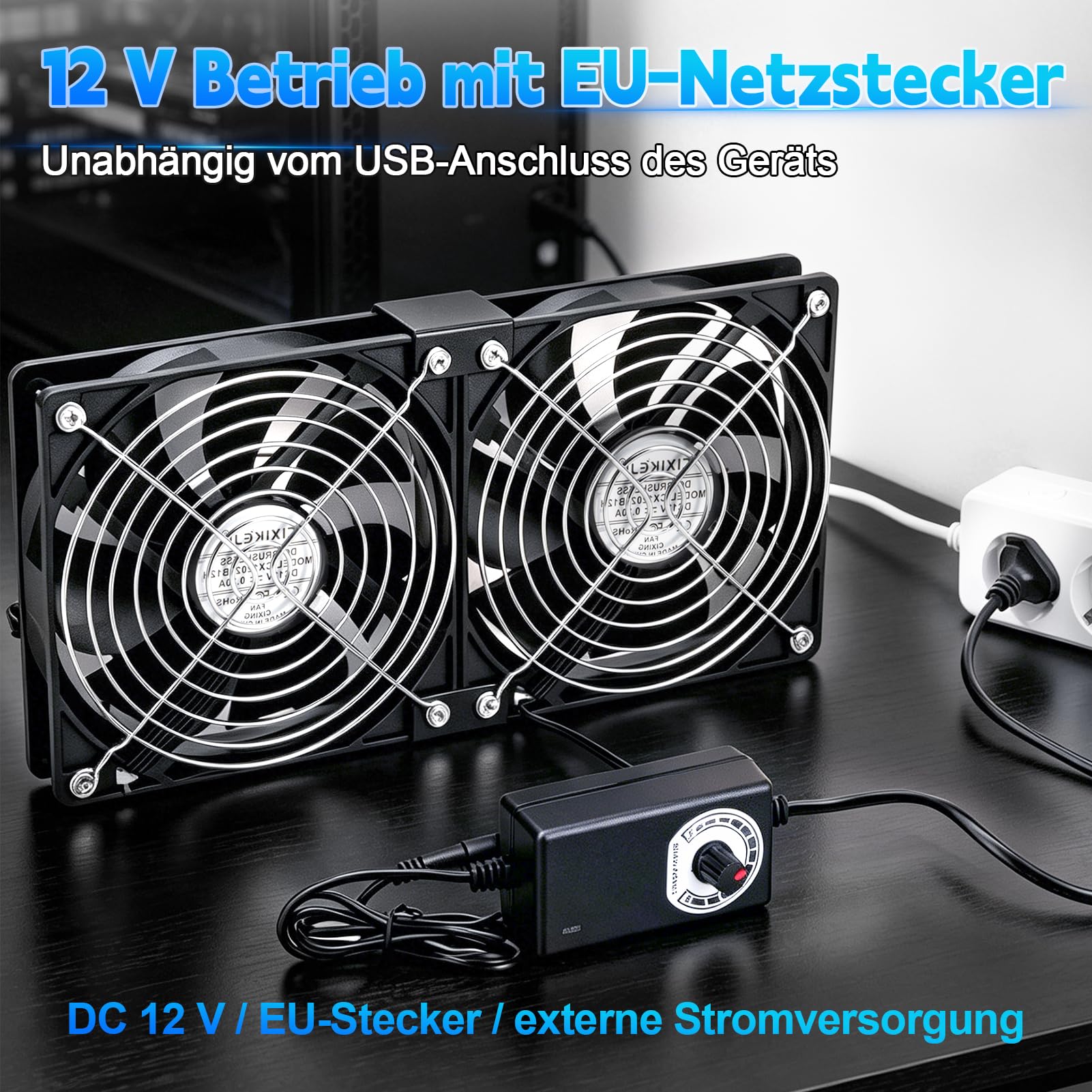 240 mm Doppelluefter, 2 x 120 mm 12 V Gehaeuseluefter Lüfter mit stufenlosem Drehzahlregler, Metall-Schutzgitter, fuer PC, Router, Netzteil
