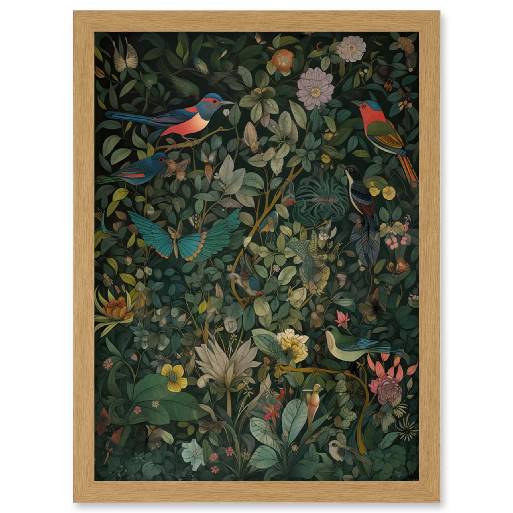 Artery8 Butterflies and Birds on Flowering Shrub Folk Art Artwork Framed Wall Art Print A4