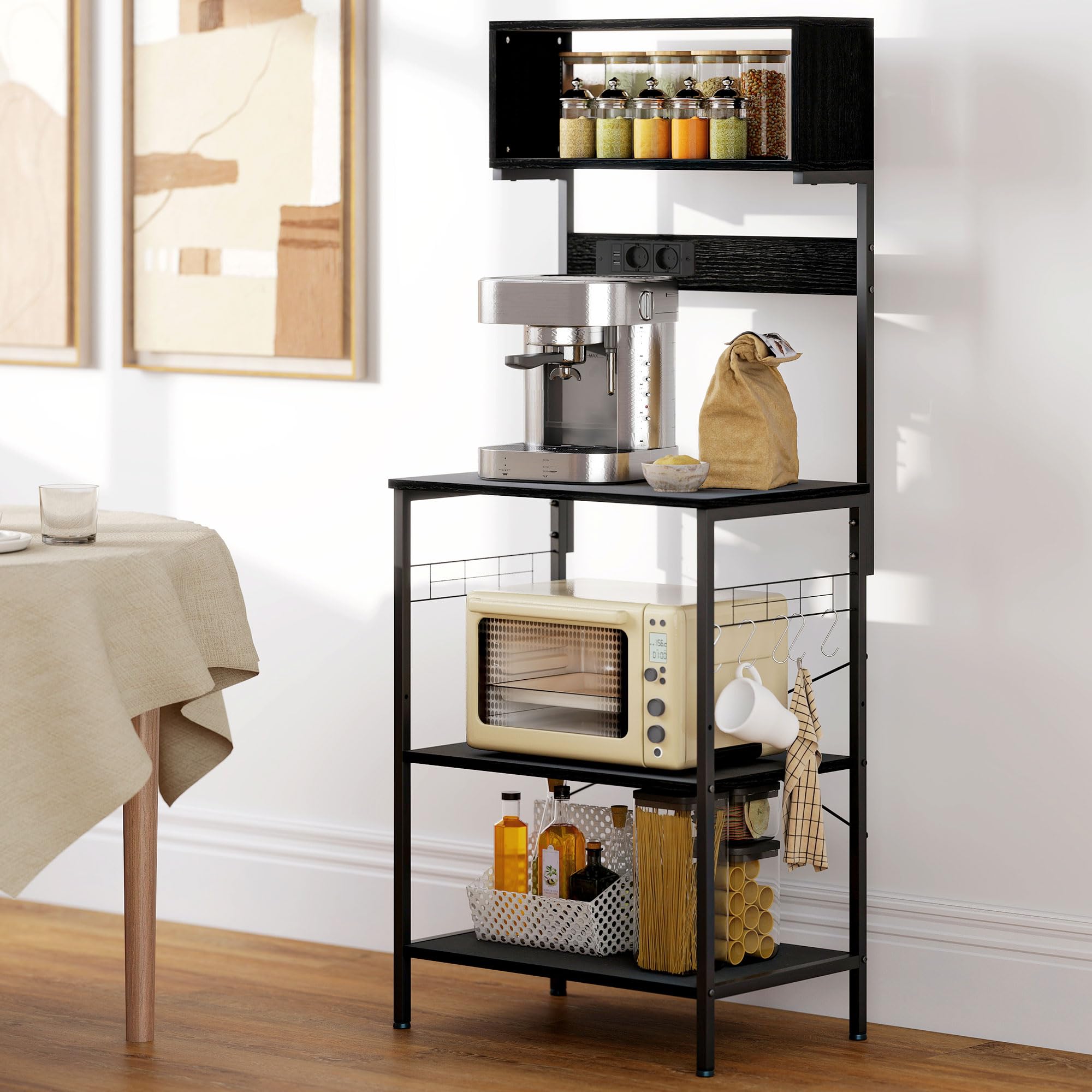 HOMCOM Scaffale da Cucina con Multipresa, Scaffale per Microonde con Ripiani e Ganci Stile Industriale, Mobile Cucina Vintage con Struttura in Acciaio, 60x42x153cm, Nero