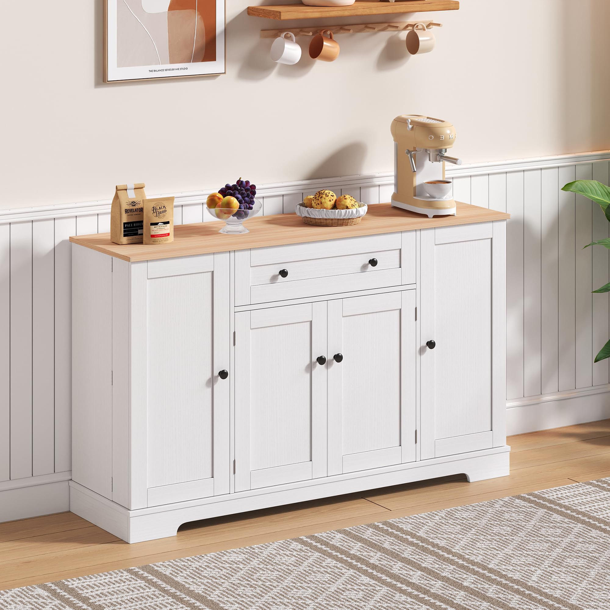 Credenza Cucina, Mobile da Cucina con 4 Ante e 1 Cassetti, Credenza da Sala da Pranzo con Ripiani Regolabili, Mobile Multiuso, Buffet Moderno per Soggiorno con Portaspezie, 138x40x85cm (Legno)