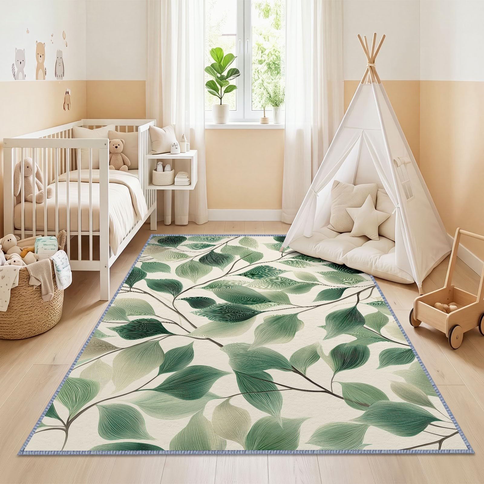 Grand Peint À La Main Nature Plantes Tapis Salon 160 x 230 cm, Antidérapant Tapis Vert Sauge Feuilles à Poil Court Doux Lavable en Machine pour Chambre Salle à Manger Bain, Paillasson Exterieur