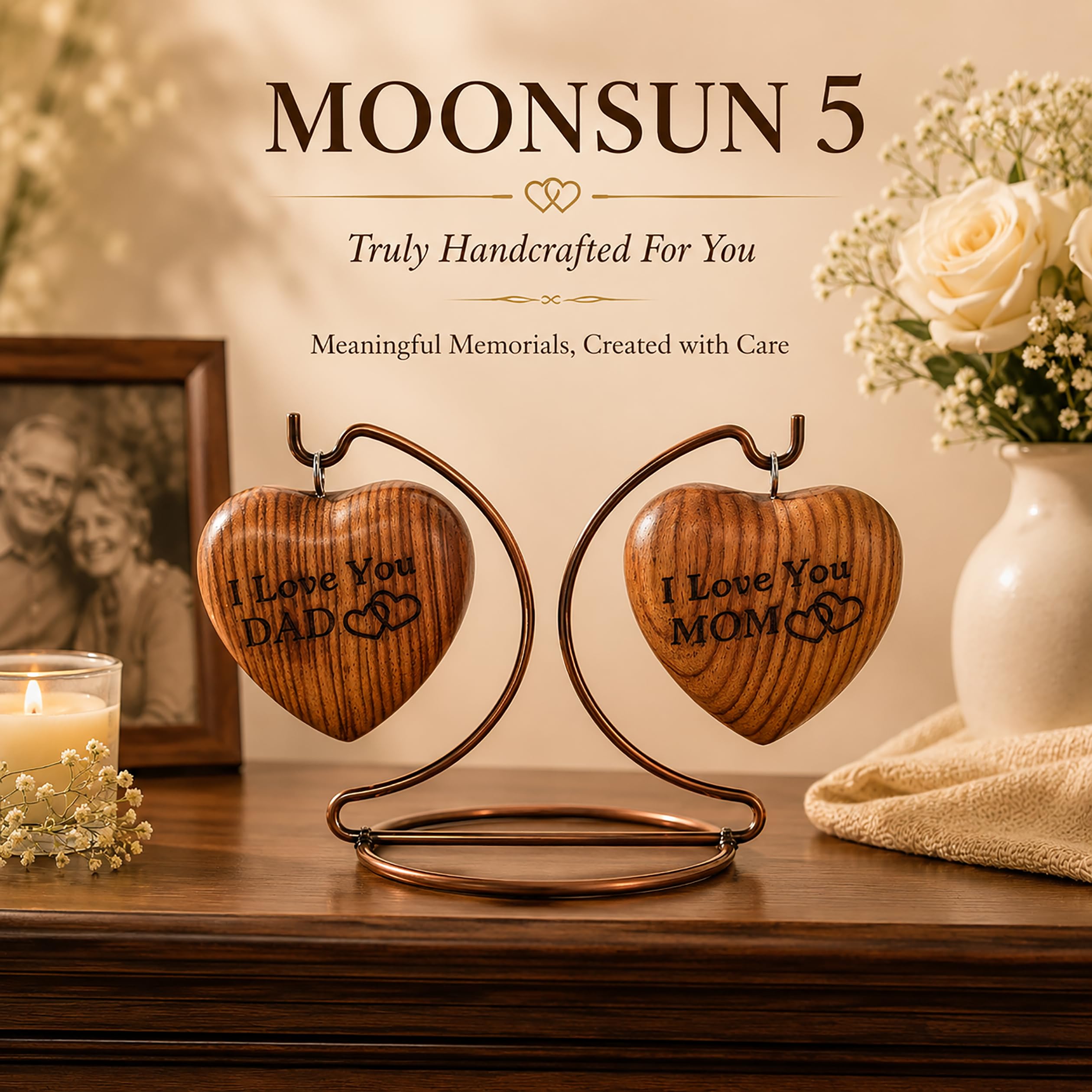 Urna de recuerdo de madera de doble corazón, pequeña urna de cremación hecha a mano para cenizas homenaje a tu mamá y papá, perfecta para tus seres queridos con soporte de exhibición con grabado "I