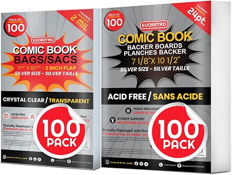 Comic Book Bags and Boards - Silver Age Comic Book Storage with 24 Pt Comic Backing Board for Comic Book Bulk Retail Bags kit Pack of 100 Each by EVORETRO