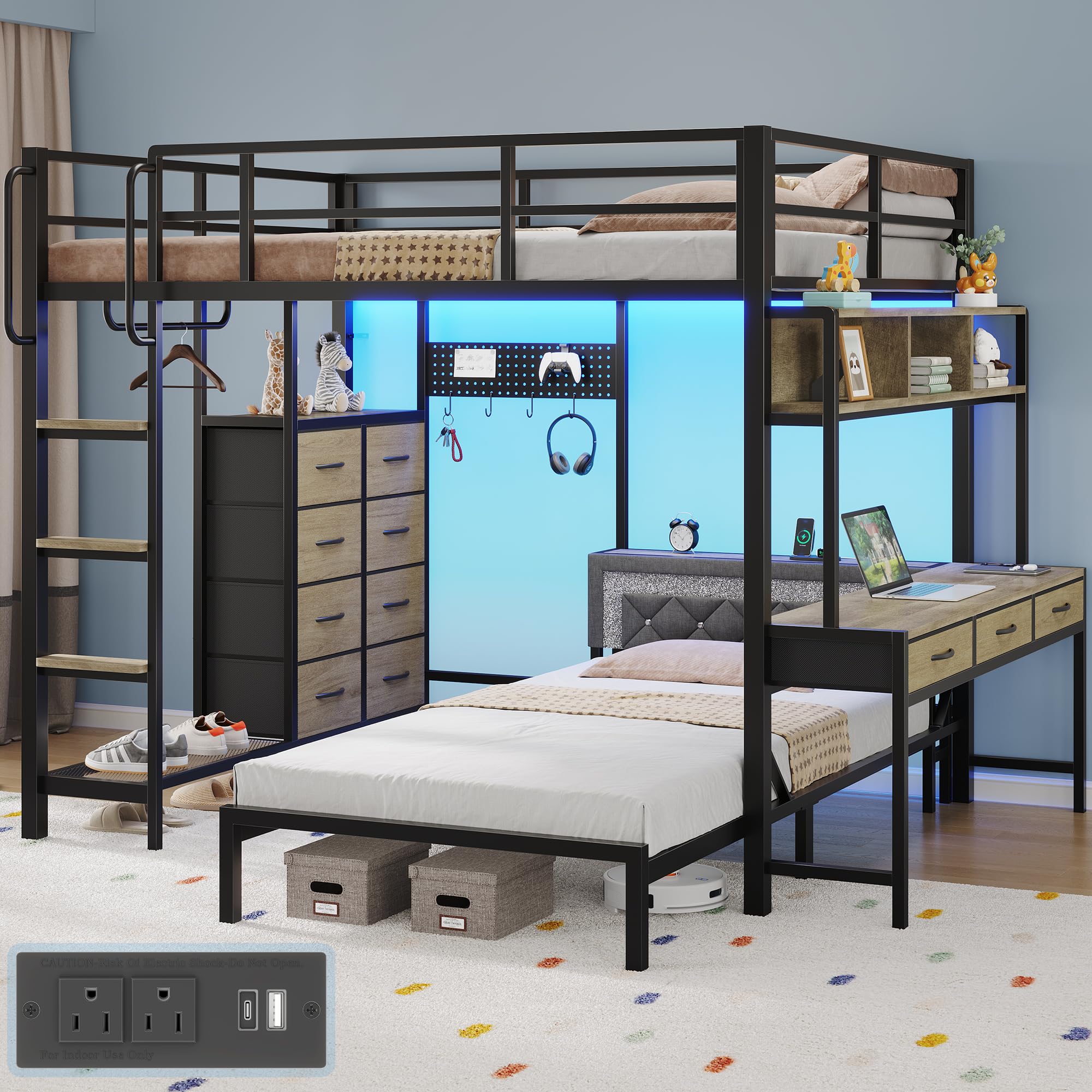 Full Over Twin Bunk Bed with Desk, 11 Drawers & Storage Shelves, Oak Gray