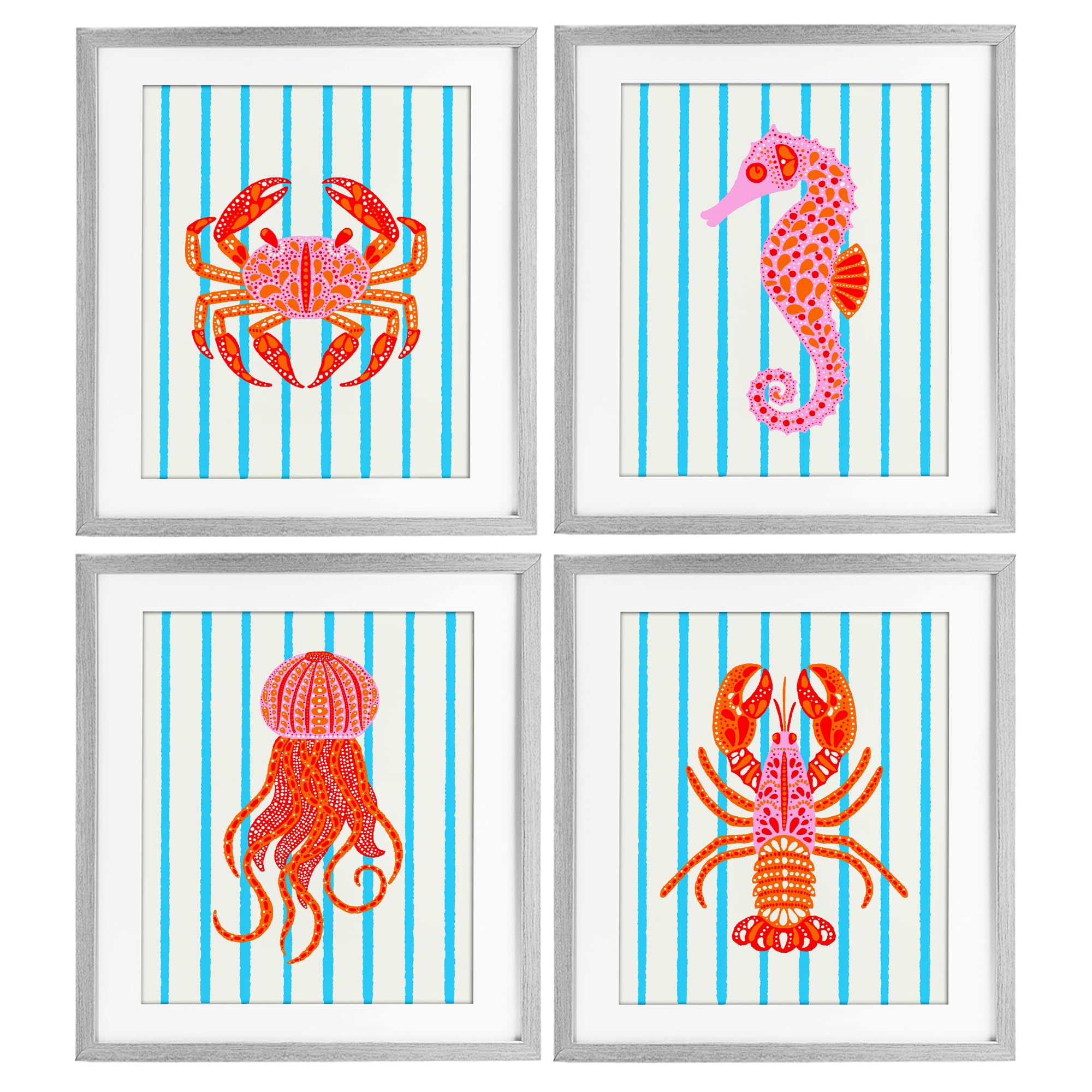 Stupell Industries Farmhouse Gray (Textured) 'Bright Sea Creatures On Stripes', 4Pc Framed Print Under Glass Set, Gray, 13 X 16 Inches, Easy To Hang And Sturdy, Made In Usa, By Indira Prieto | Indysign