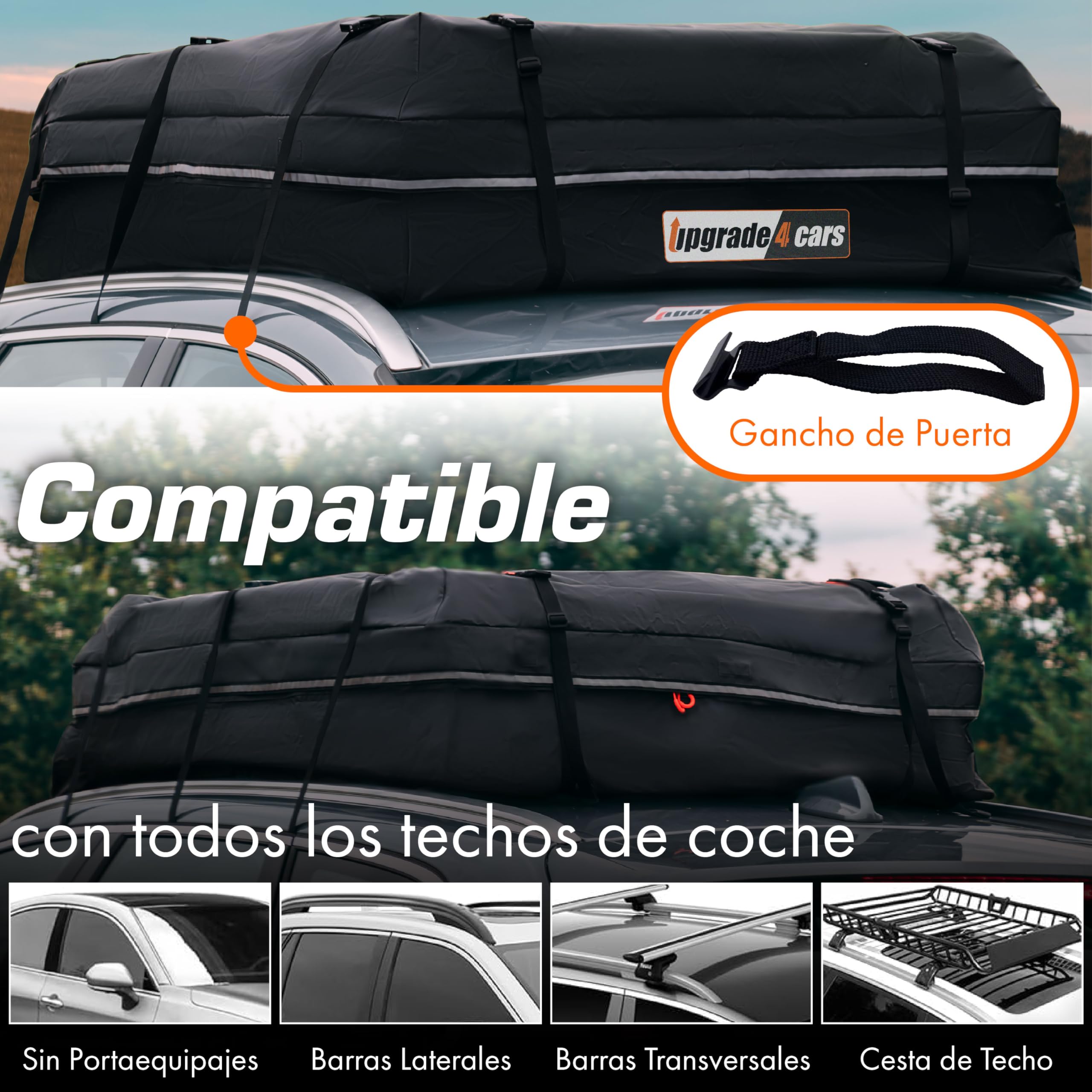 Upgrade4cars Bolsa de Techo para Coche 566L | Portaequipajes sin Barra Incluye Todos los Accesorios | Cofre Universal Plegable e Impermeable 130 x 110 x 40 cm