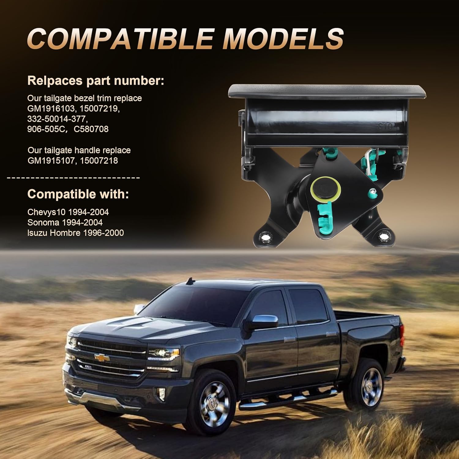 Tailgate Lift Handle with Bezel Compatible with 1994-2004 Chevy S10, 1994-2004 GMC Sonoma, 1996-2000 Isuzu Hombre Replace Tail gate Lift Latch Handle Cover Trim Assembly 15007219 15007218