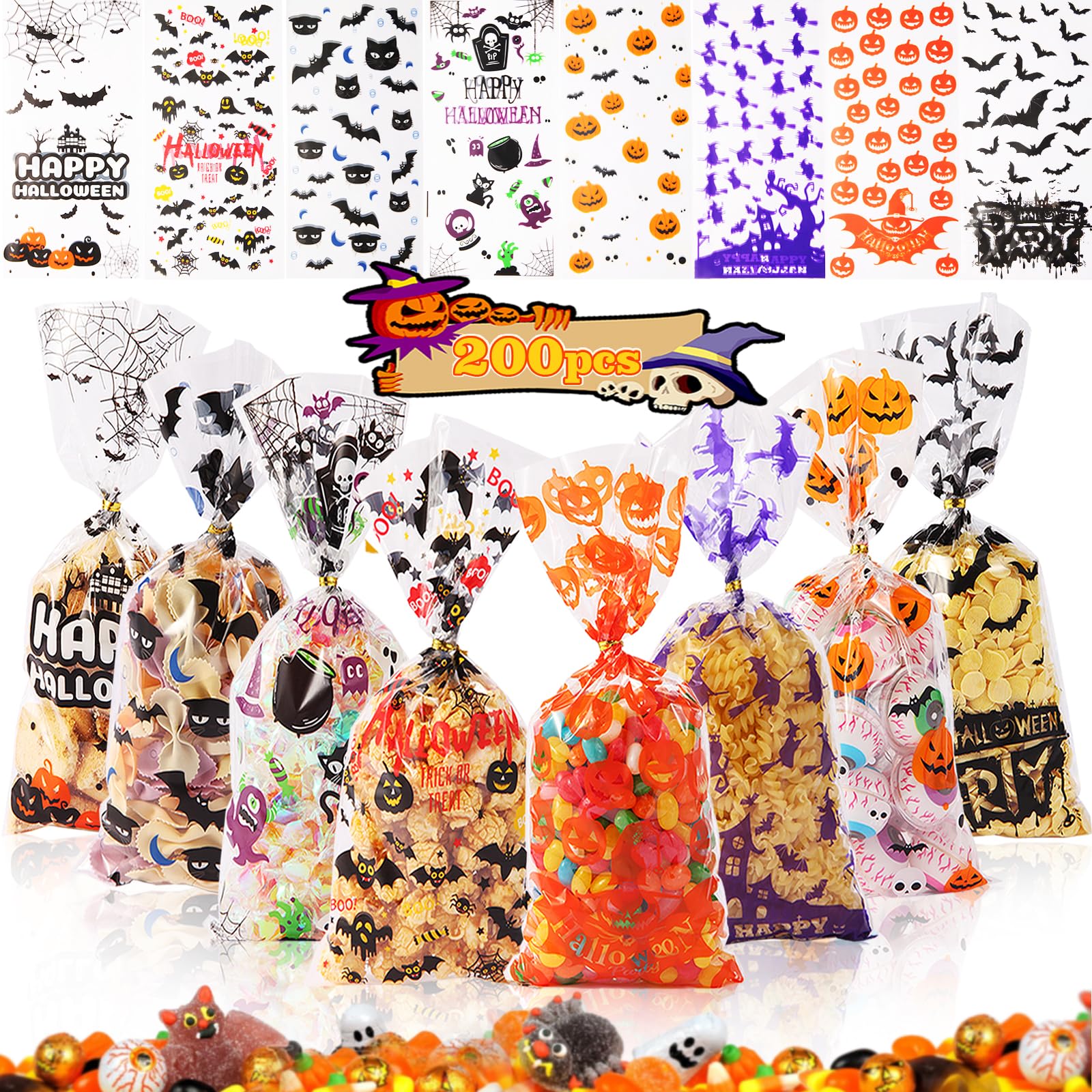 200pcs Halloween Cellophane Bags, Pumpkin Spider Bat Candy Transparent Halloween Sweet Treat Bags With Twist Tie for Trick or Treat Party Favor Supplies