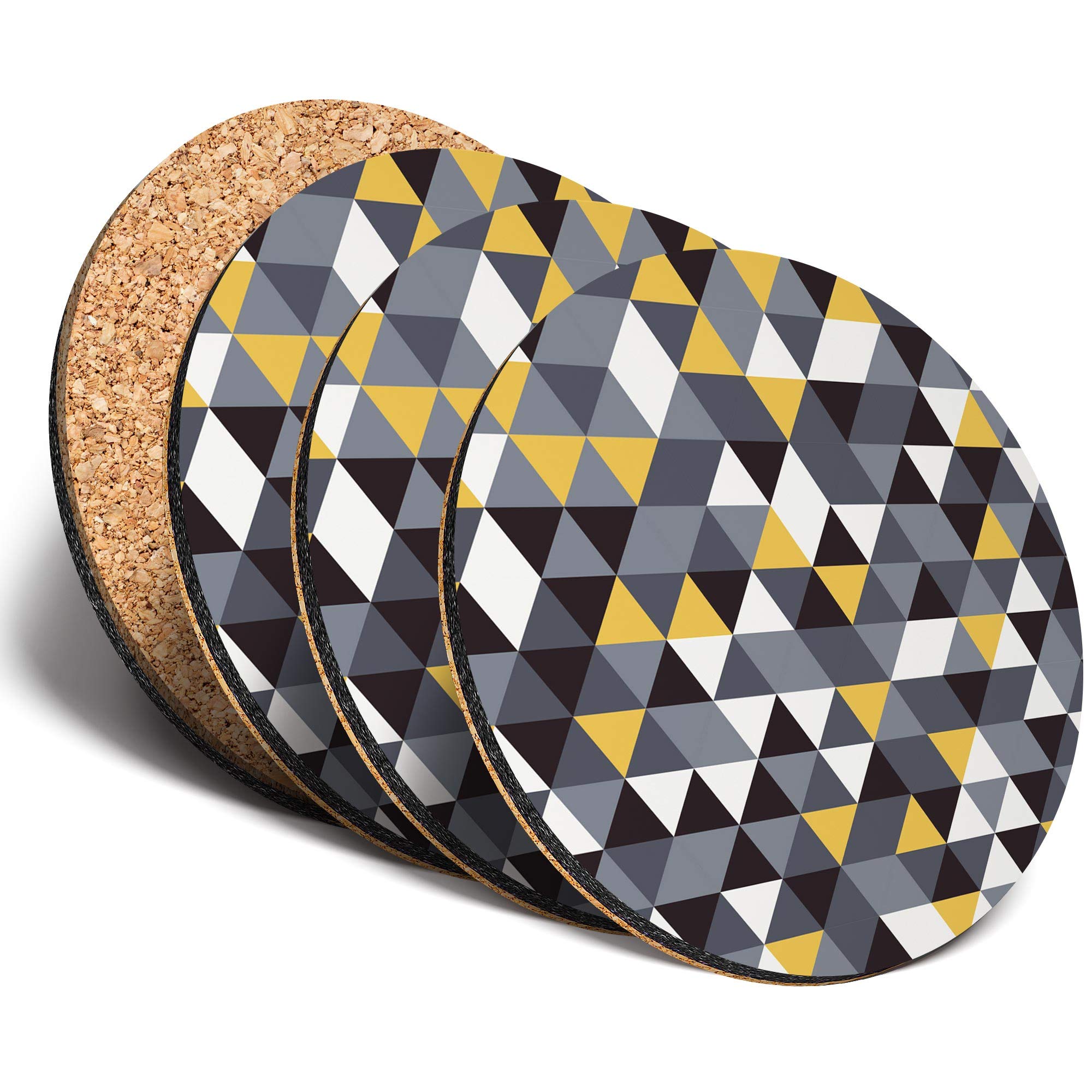 Destination Vinyl Ltd Multicolor Great Coasters (Set Of 4) Round - Yellow Grey Black Triangle Pattern Drink Glossy Coasters/Tabletop Protection For Any Table Type #24585