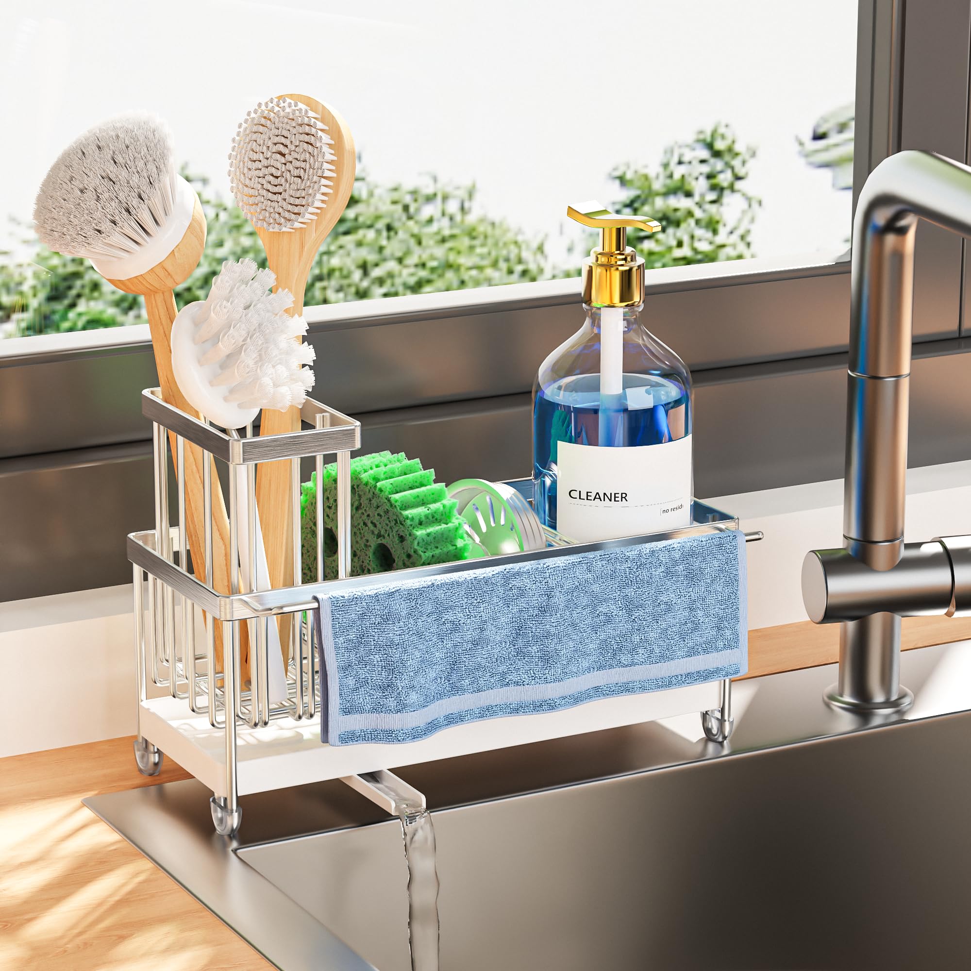 Cisily Stainless Steel Sponge Holder for Kitchen Sink with Towel Rack, Sink Caddy with Kitchen High Brush Holder, Organzier Rustproof 304 Stainless Steel Dish Organizer Divider, Soap Dispenser Storage
