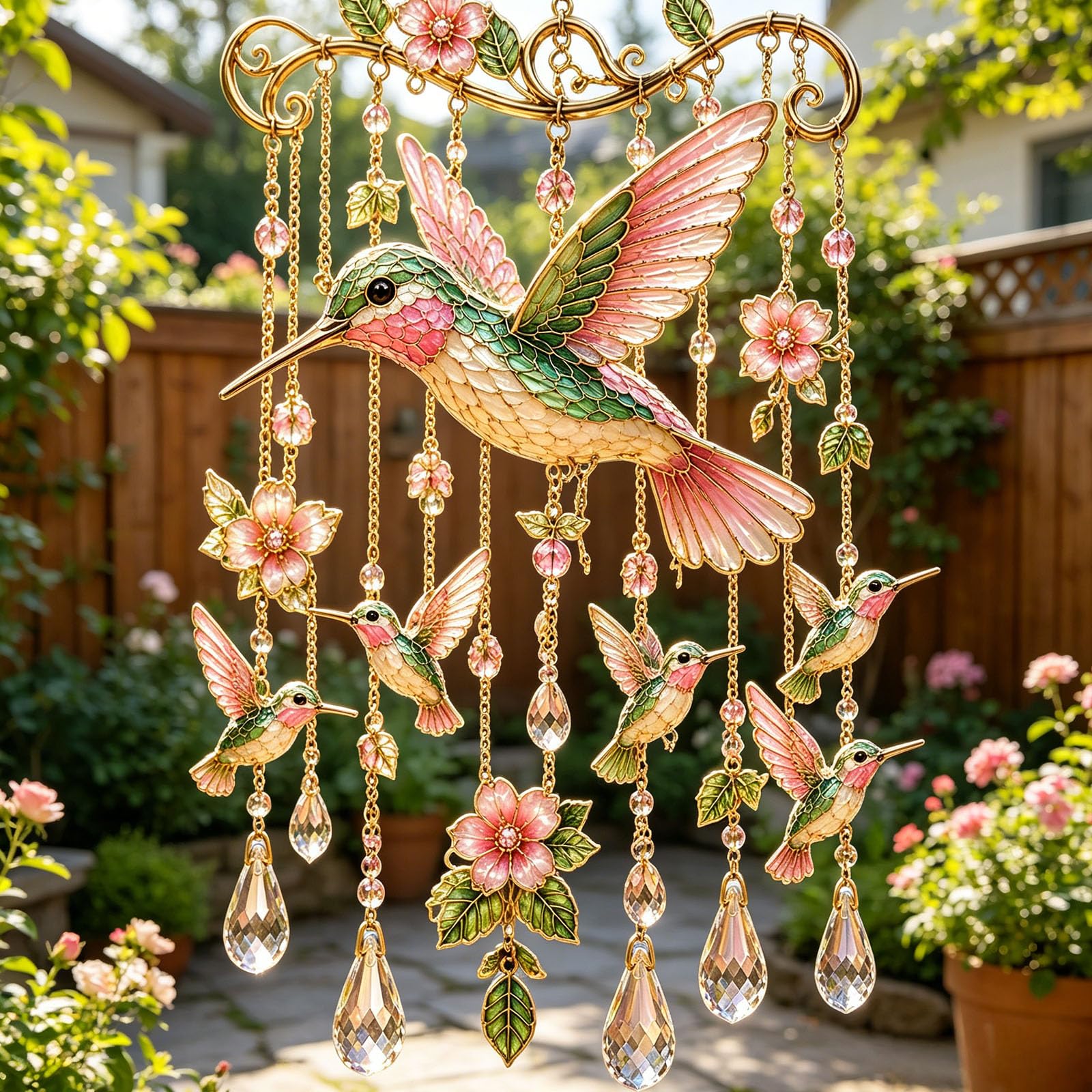 Graceful Hummingbird Wind Chime, Hummingbird Wind Chimes Outdoor Crystal Suncatcher Hanging Decor, Bird Garden Yard Ornament for Patio Porch Balcony (Pink Bird)