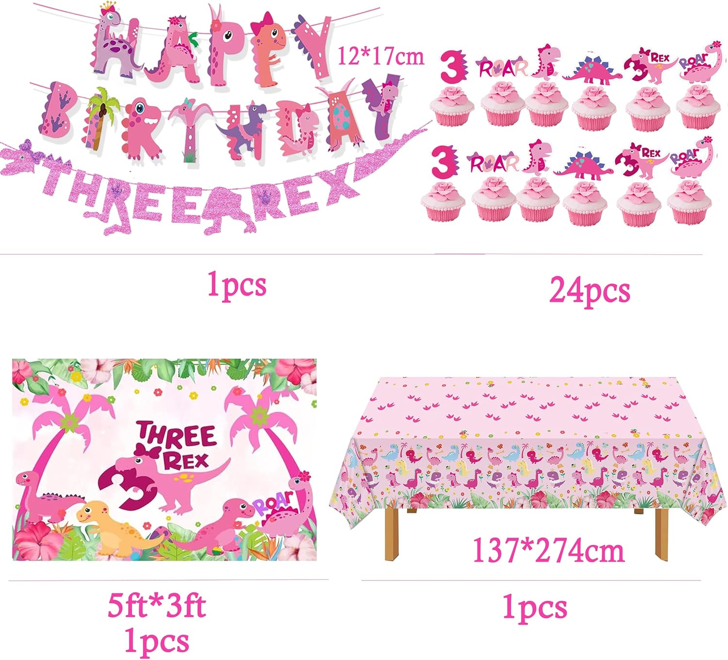 Dino Rex Three Girls Birthday Party Decorations, Pink Dinosaur Supplies
