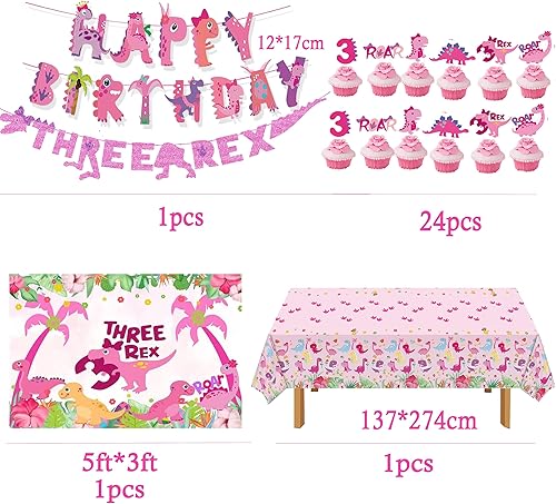 Miniatura 3 de Dino Rex - Decoraciones para fiesta de cumpleaños de tres niñas, suministros de dinosaurio rosa