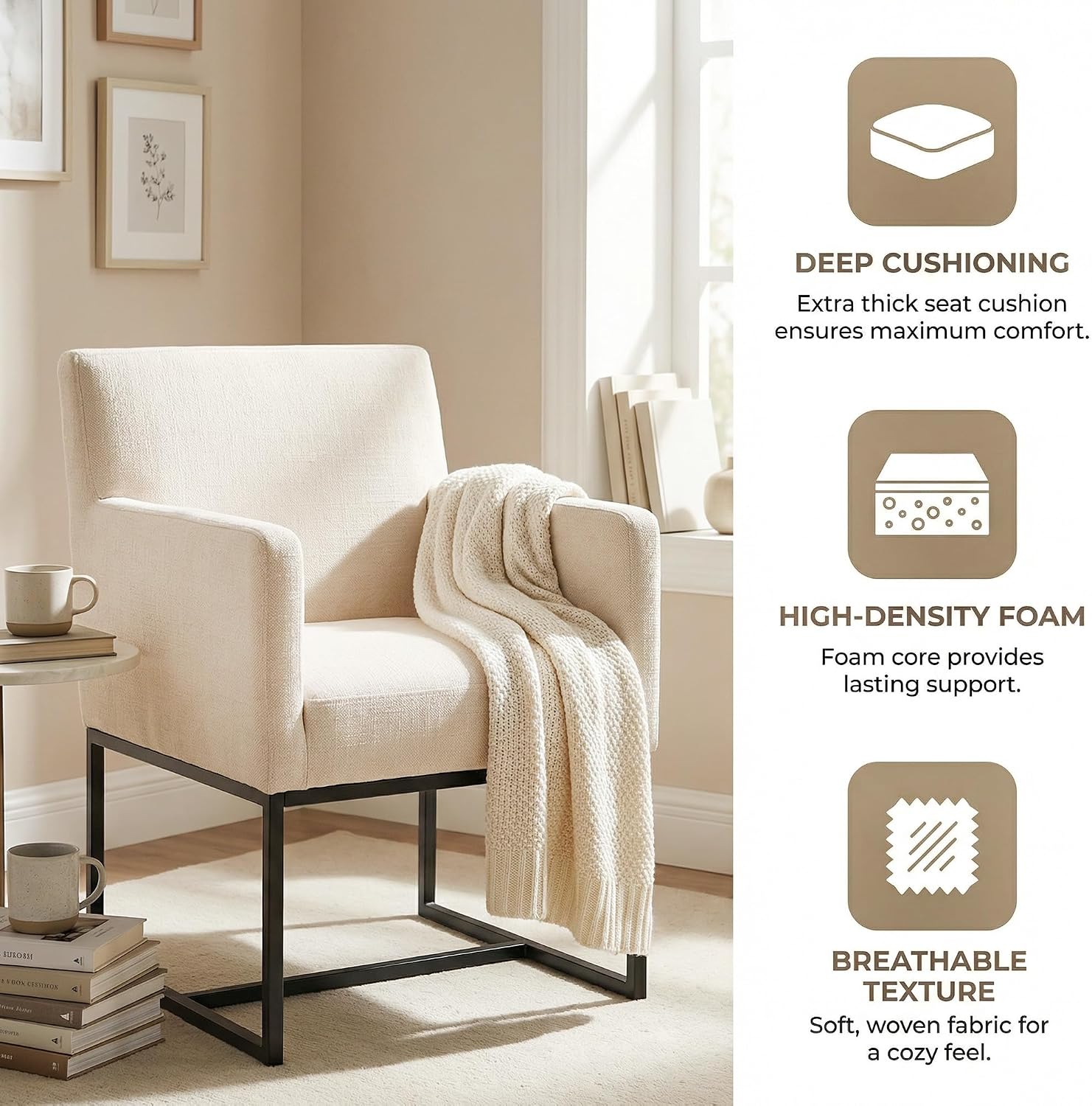 HNY Mid Century Modern Upholstered Dining Chairs with Arms Set of 4, Linen Accent with Black Finish Metal Frame, 19'' Wide for Living Room Kitchen Bedroom, Cream, Cream-linen-black Frame