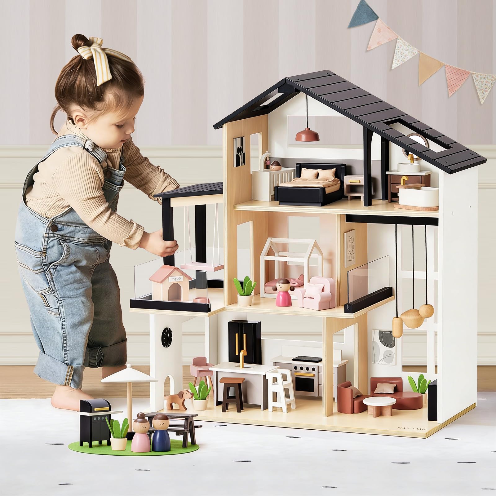 Tiny Land Doll House, Modern Family Dollhouse with Realistic Design, Wooden Dollhouse with 53Pcs Furniture - Ideal Gift for Kids Ages 3+
