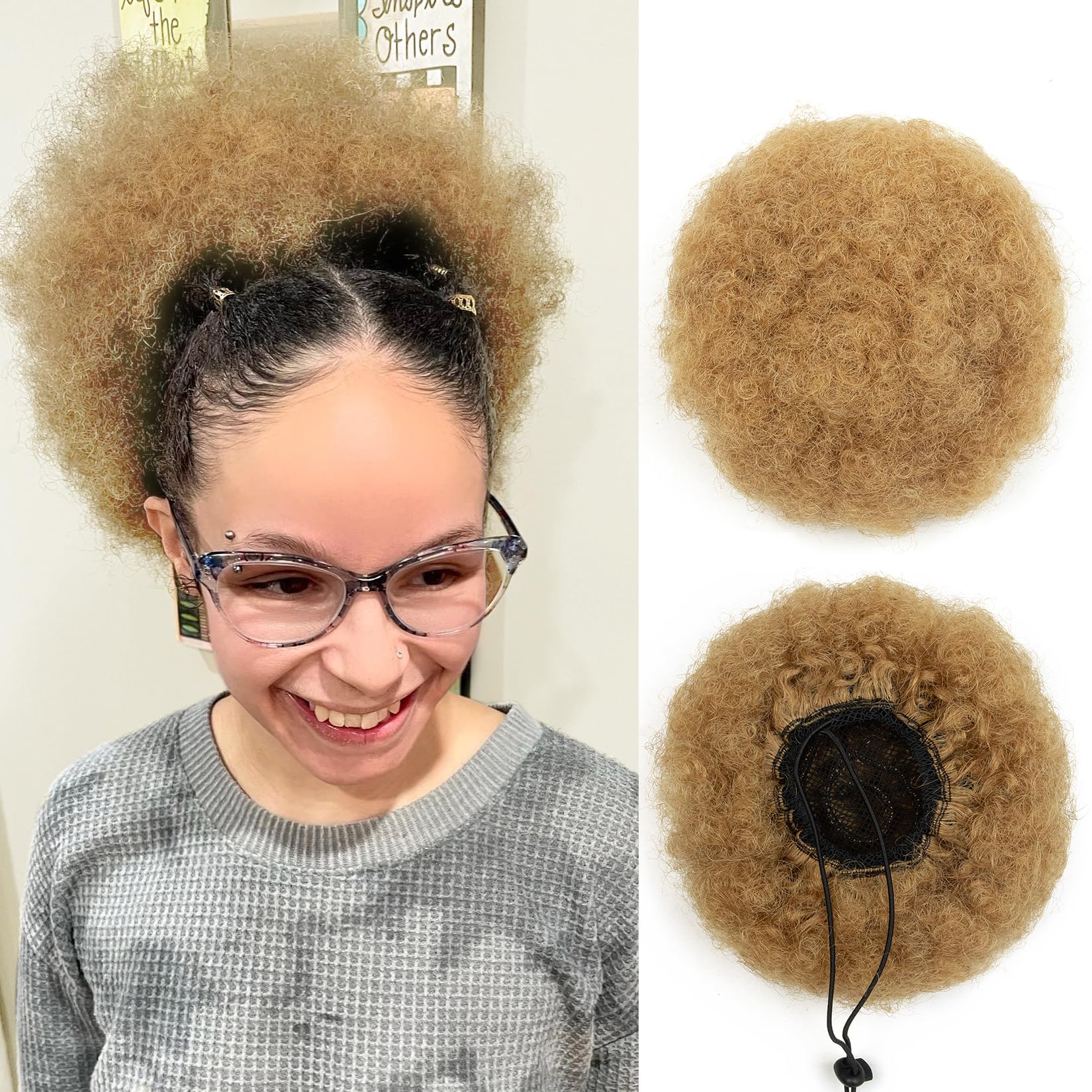 8 Inch Natural Afro Puff Real Human Hair Ponytails for Black Women Girls Kids Halloween Kinky Curly Ponytail Extension Drawstring Ponytail 4c African American Fake High Bun Christmas Light Blonde 50g