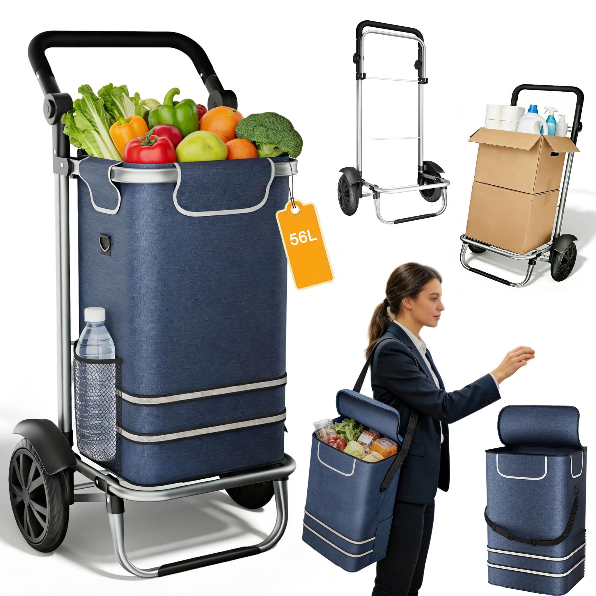 UISEBRT 3in1 Einkaufstrolley klappbar mit 56L groß Volumen,Multifunktionaler Einkaufsroller mit Kühlfach, Umhängetasche & Sackkarre in Einem,Hackenporsche Trolly Einkaufswagen Blau,1-Rad