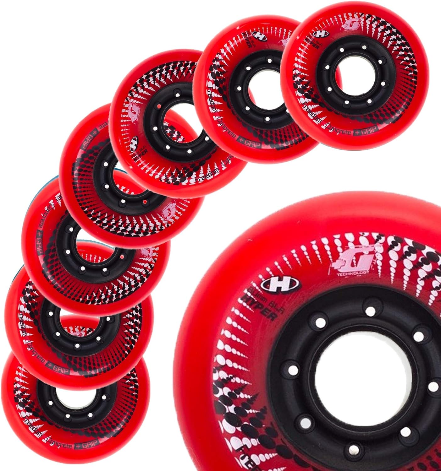 Hyper Concrete +G Inline Skate Wheels - 84A, 8-Pack - Freeride, Slalom, Urban & Fitness Skating (RED, 80MM)