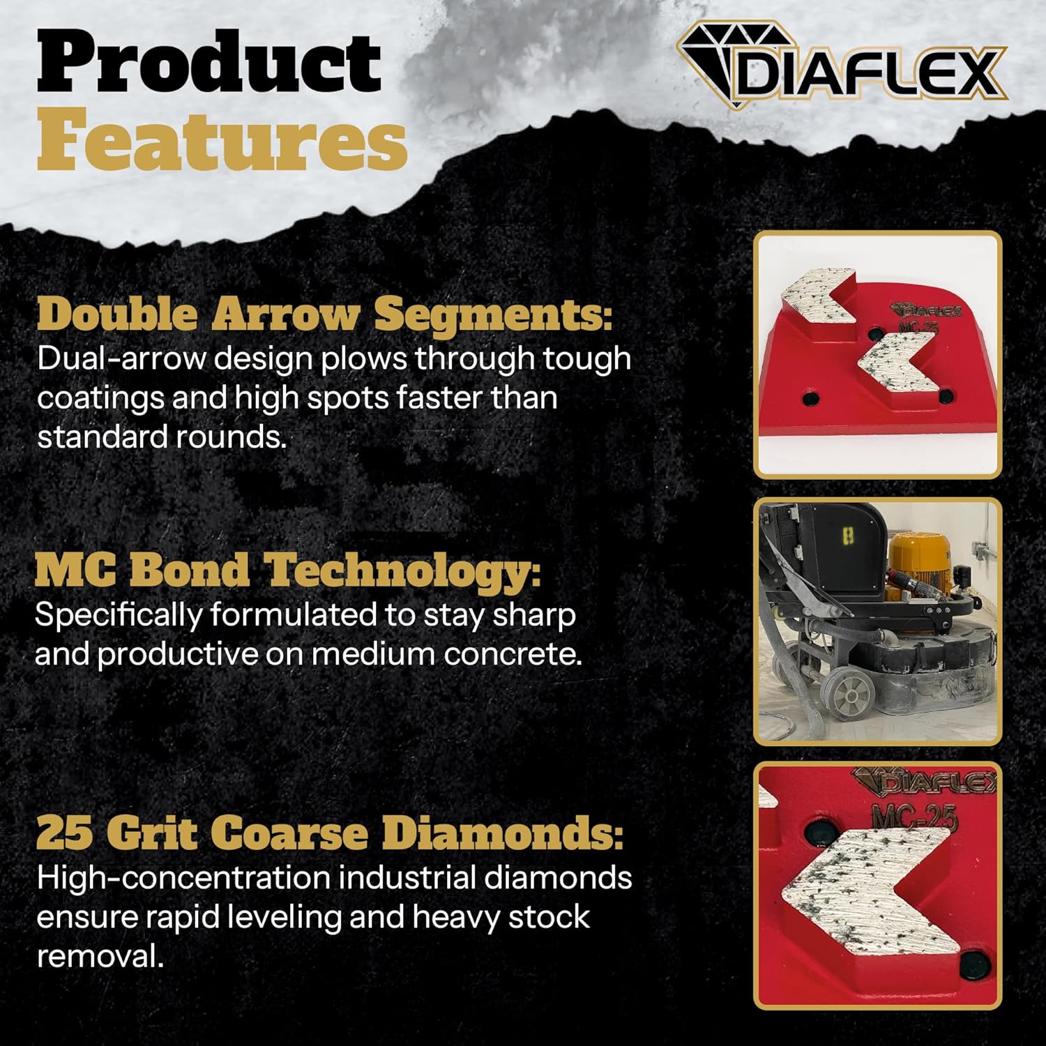 Diaflex Double Arrow Grinding Tool (MC) - 25 Grit Medium Bond, Quick Change Dovetail Trapezoid, Concrete Floor Preparation Tool, Compatible with Lavina, EDCO, Bartell Global & SASE, Pack of 3
