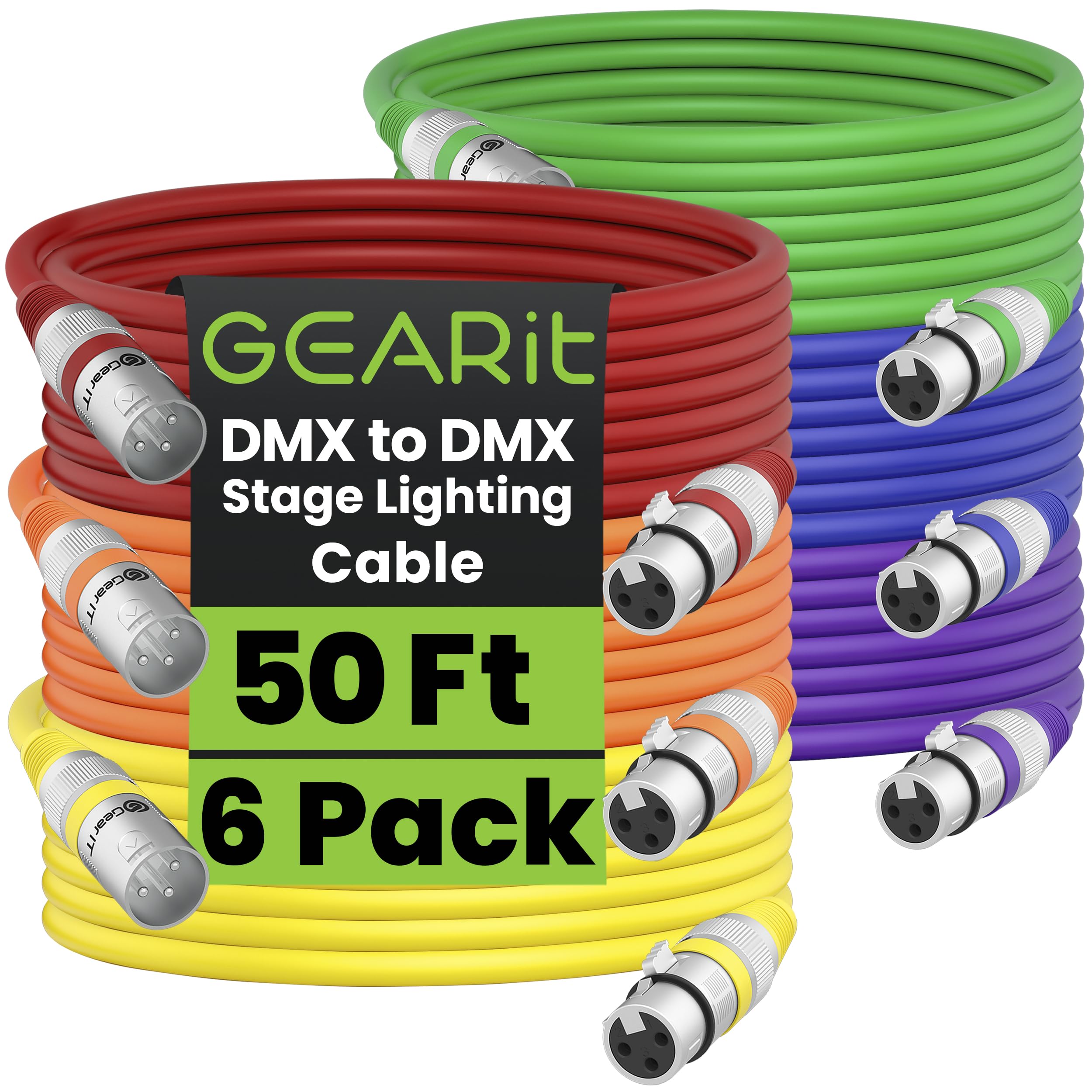 GEARit DMX to DMX Stage Lighting Cable (25 Feet, 6-Pack) DMX Male to Female (XLR Compatible) 3-Pin Balanced Shielded for DJ LED Moving Head Par Light,
