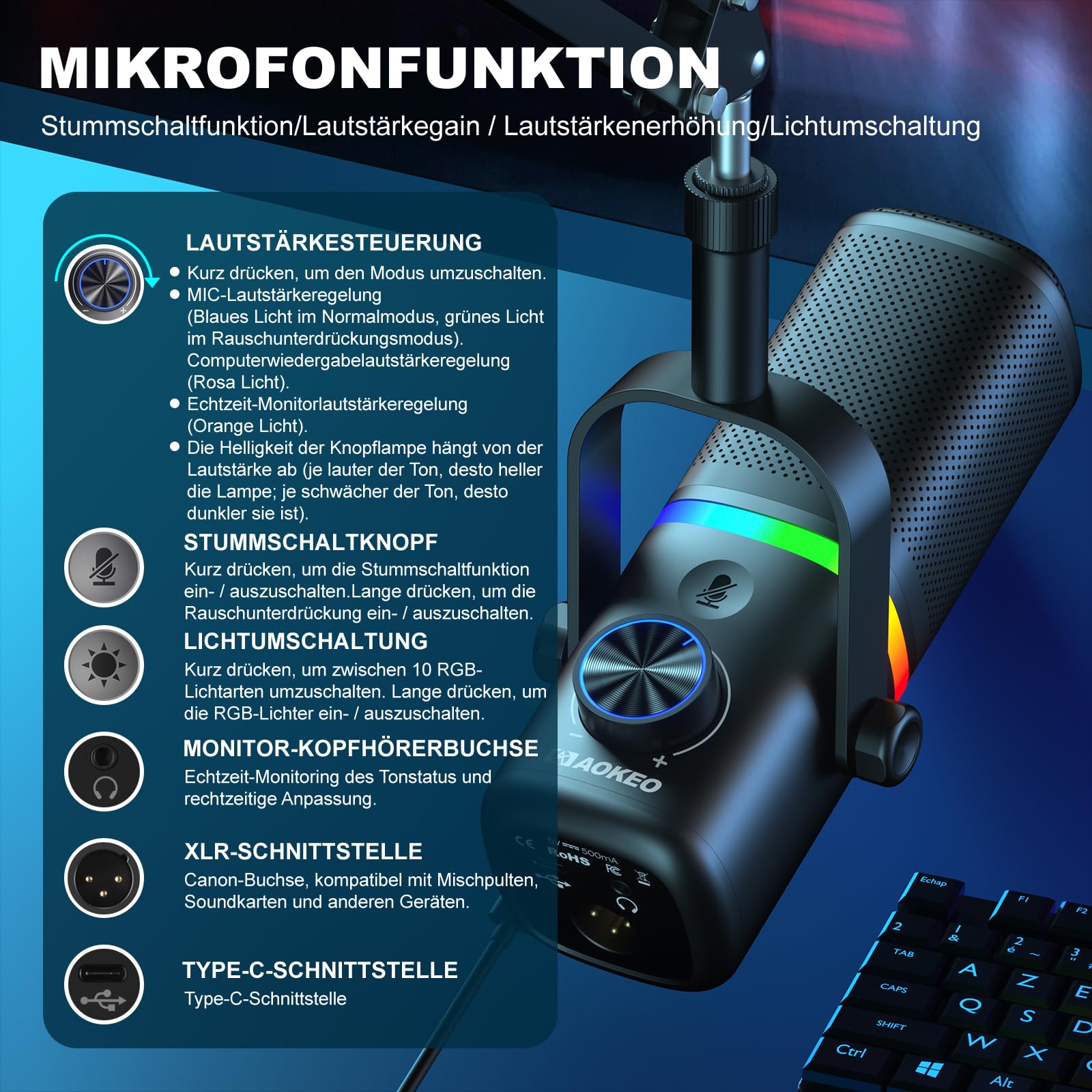 aokeo Mikrofon PC mit Mikrofonarm,AK-10 USB/XLR Dynamisches Gaming Mikrofon für Podcast,Streaming mit RGB-Beleuchtung,Lautstärkeregler,Stummschalttaste und Rauschunterdrückung (Weiß)