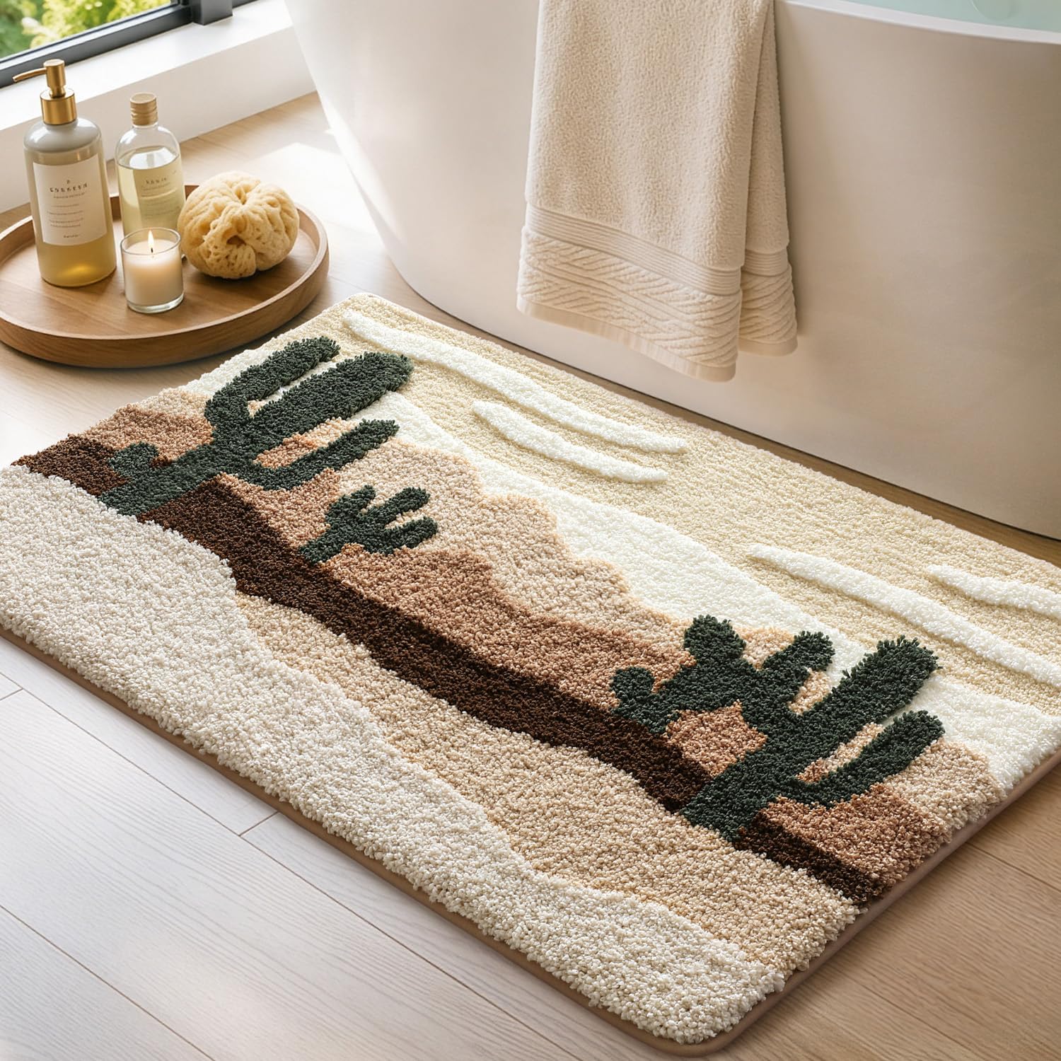 DEXI Bathroom Mat 50 x 80 cm, Non Slip and Absorbent, Beige Cactus