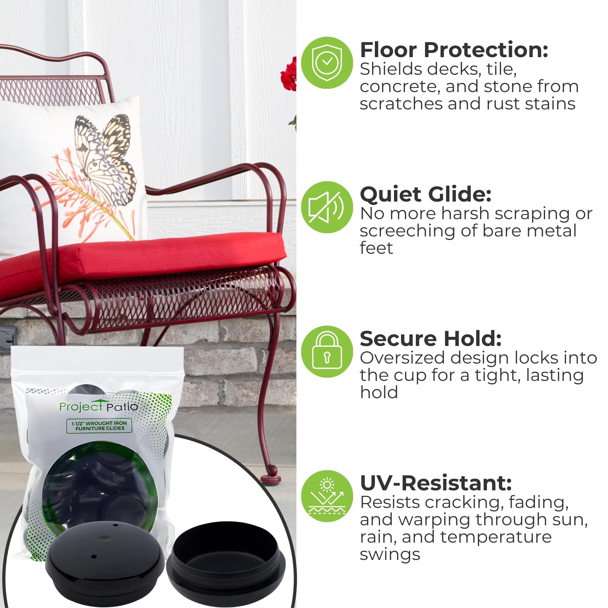 Project Patio Lot de 8 patins de protection de sol en fer forgé de 3,8 cm pour pieds de chaise d'extérieur – Capuchon d'extrémité – Inserts – Deluxe (lot de 8, noir)