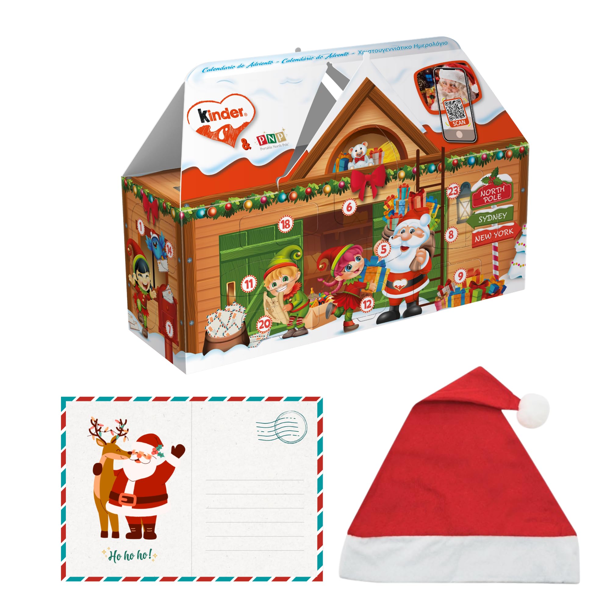 Pack Kinder Casita 3D Calendario de Adviento con Chocolates + Postal Navideña + Gorro de Papá Noel, Edición especial de Navidad, Ideal para regalar