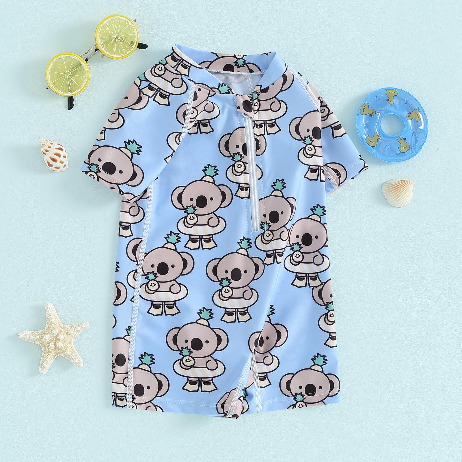 CHAUKAREAUL Baby Boy Swimsuit Zipper Short Sleeve Cartoon Bear Print Jumpsuit One Piece Swimwear Toddler Bathing Suit (Blue, 2-3 Years)