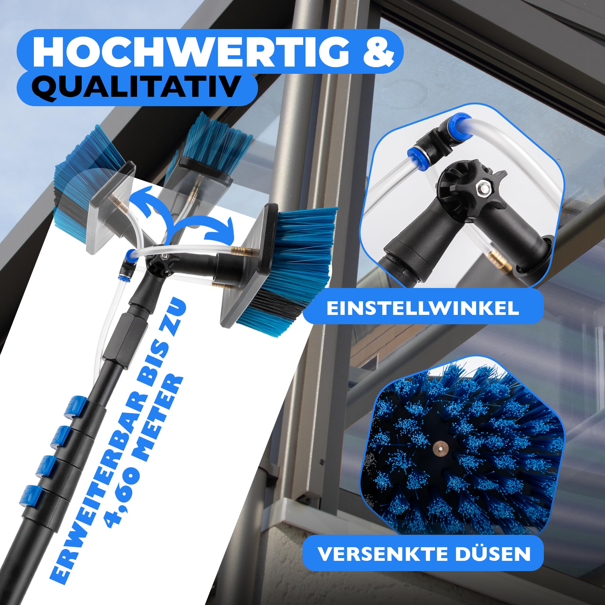 NTG Teleskop Waschbürste 1,68-7 M 3-in-1 Bürstenkopf Mit Extra Weichen Borsten +mikrofasertuch Und Abzieher Mit Wasseranschluss + Seifenspender Fuer Fenster, Solar (bis 7 Meter + Reiniger) 4802864803