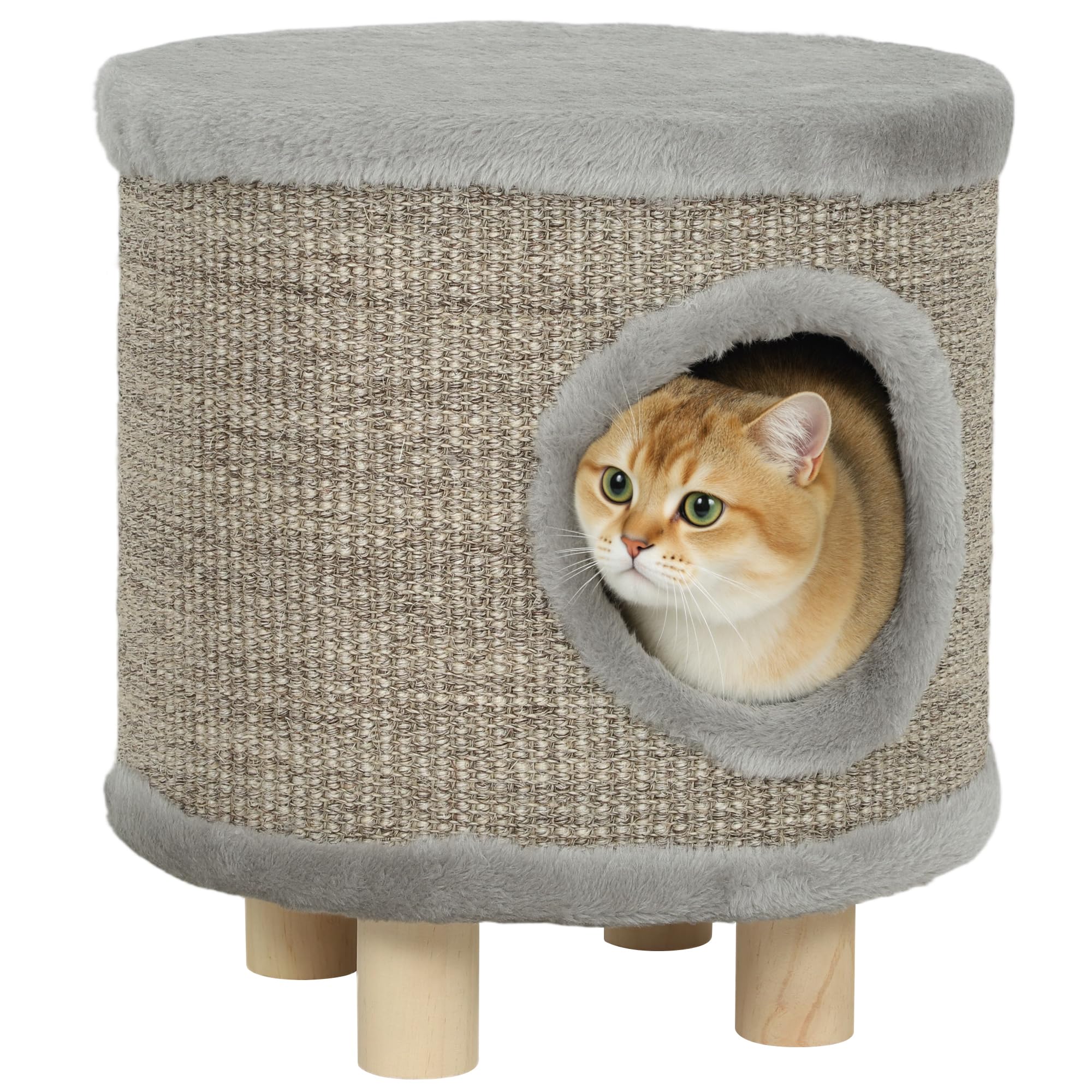 PawHut Casa para Gatos 3 en 1 Taburete, Reposapiés, Cama para Gatos con Rascador, Patas de Madera y Pluma Colgante, Cueva para Interior, 36x36x38 cm, Gris