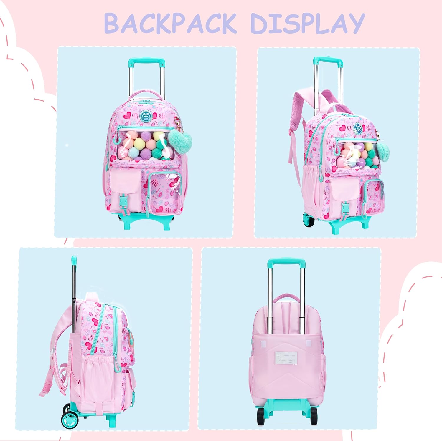 Pink Rolling Backpacks with Wheels for Girls Aesthetic Rolling Backpack for Elementary with Lunch Box School Trolley Backpack for Girls School Supplies