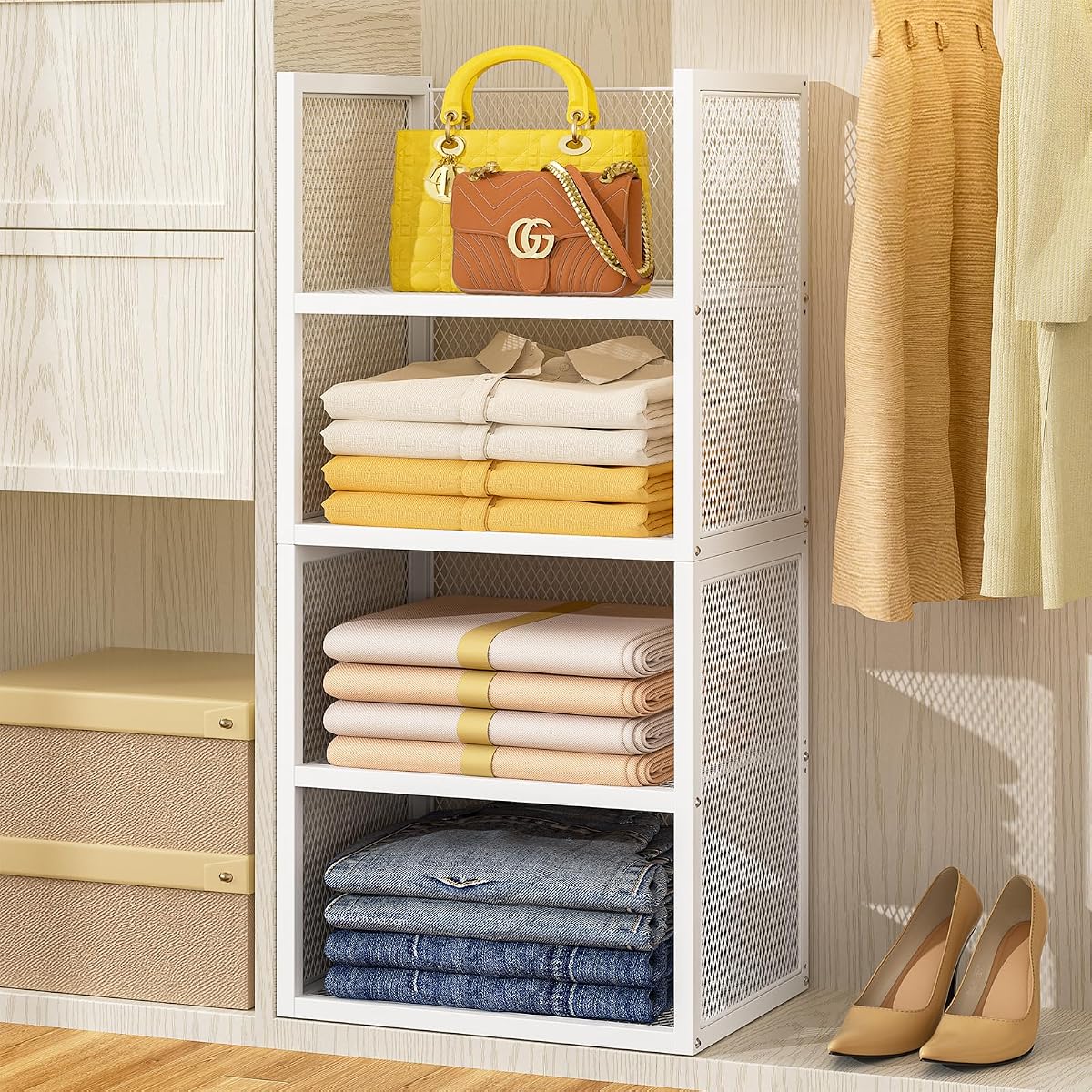 DAOUTIME 4-Tier Stackable Closet Organizers and Storage Basket, Wire Closet Shelf Organizer, Sweater Storage Oragnizer Bins, Multifunctional Clothes Storage Drawer Organizer for Wardrobe, White