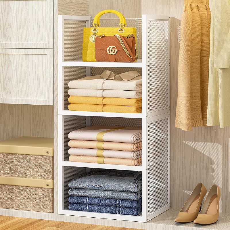 DAOUTIME 4-Tier Stackable Closet Organizers and Storage Basket, Wire Closet Shelf Organizer, Sweater Storage Oragnizer Bins, Multifunctional Clothes Storage Drawer Organizer for Wardrobe, White